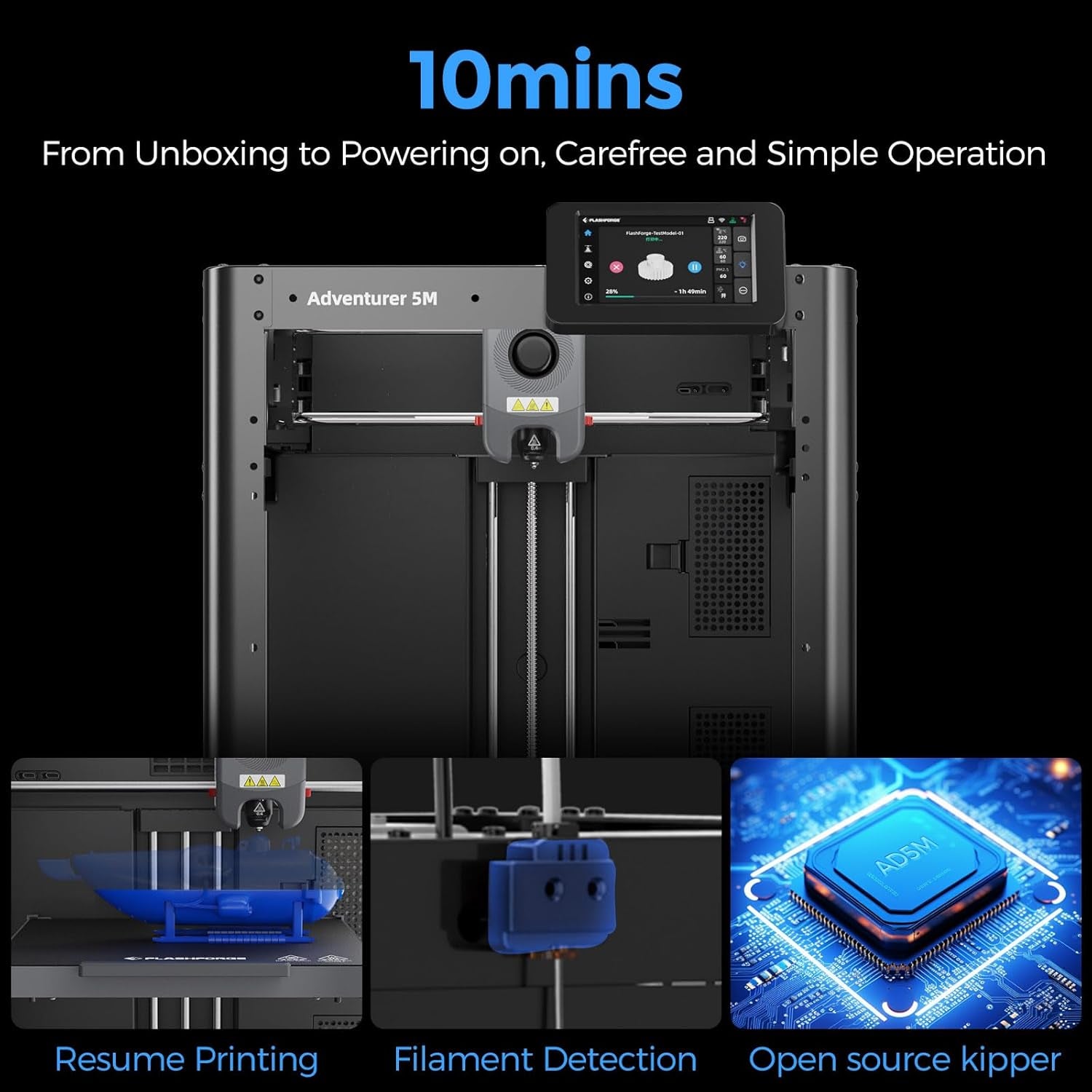 Adventurer 5M 3D Printer – High-Speed 600mm/s Printing, 8.7" x 8.7" x 8.7" Build Volume, Black 2. Short & Powerful: