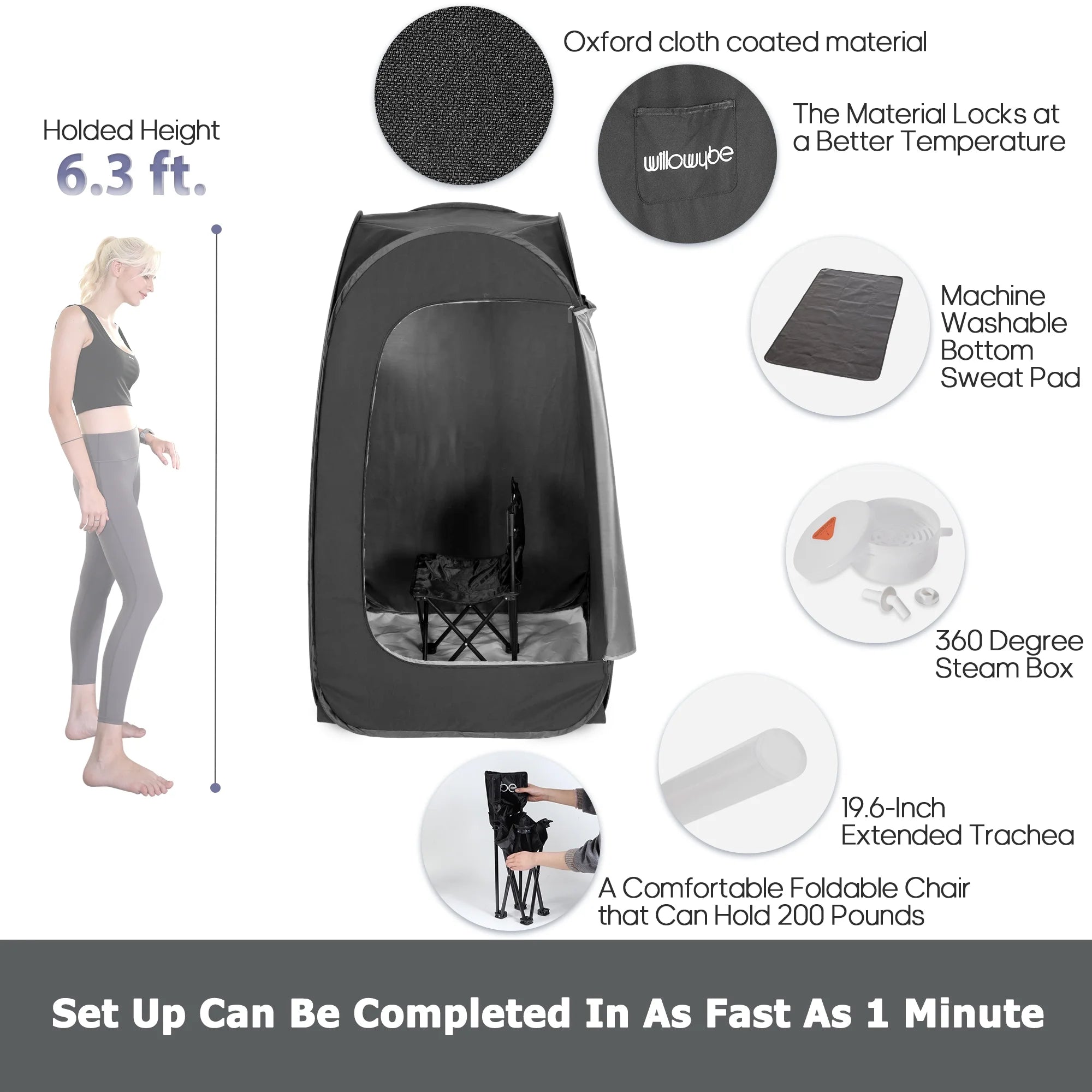 Portable Steam Sauna with Bluetooth Control – Foldable Body Tent & Chair Personal Home Spa (Black)