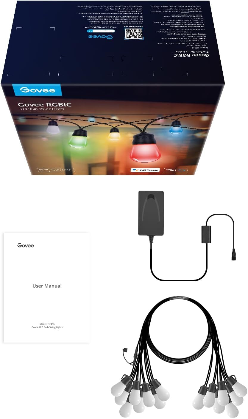 Smart Outdoor String Lights H7015 – 48Ft RGBIC LED Patio Lights with 15 Dimmable Bulbs, App Control, 47 Scene Modes, IP65 Waterproof