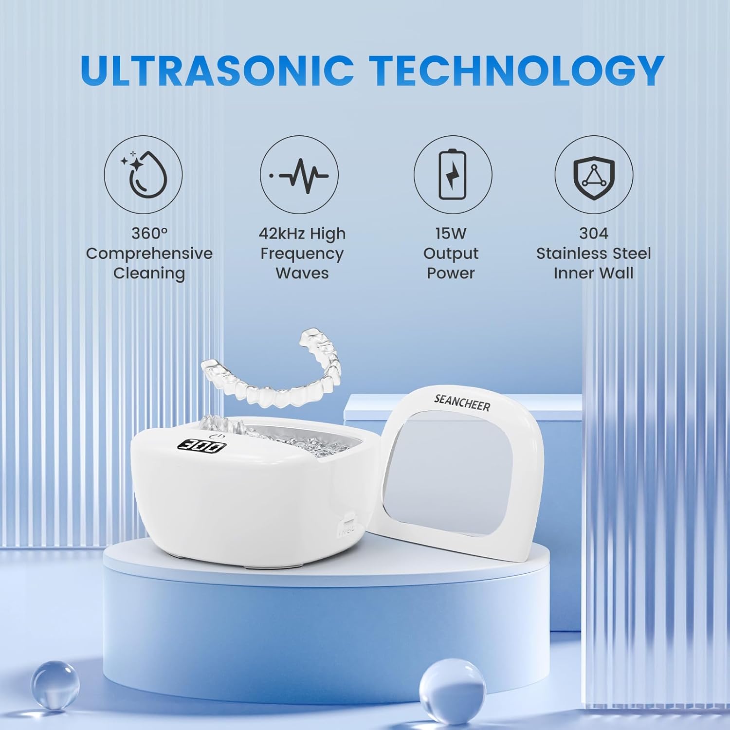 Rechargeable Ultrasonic Retainer Cleaner Machine – Cordless, IPX7 Waterproof, 2 Cleaning Modes with Digital Timer – 120ML Portable Cleaner for Dentures, Aligners, Night Guards, Mouth Guards, Jewelry (White)