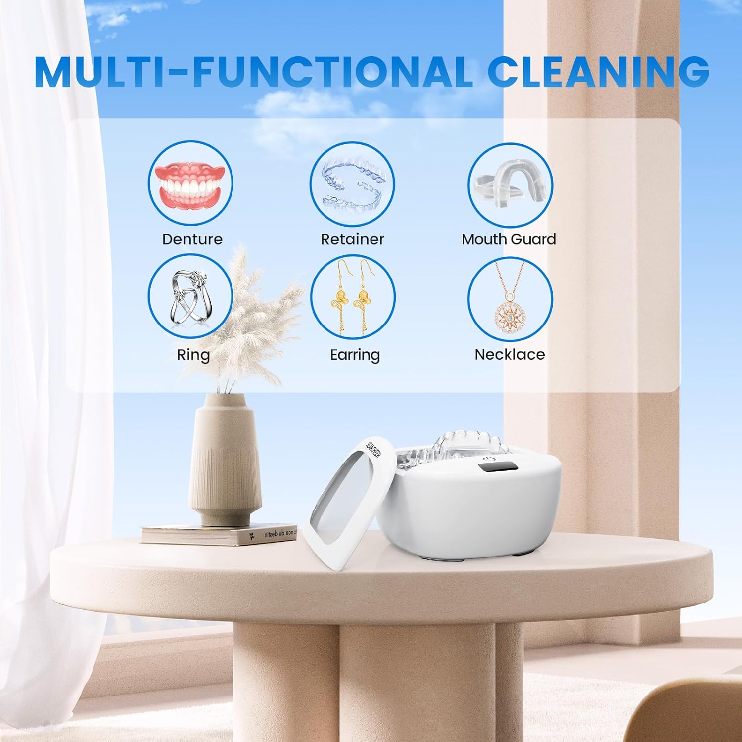 Rechargeable Ultrasonic Retainer Cleaner Machine – Cordless, IPX7 Waterproof, 2 Cleaning Modes with Digital Timer – 120ML Portable Cleaner for Dentures, Aligners, Night Guards, Mouth Guards, Jewelry (White)