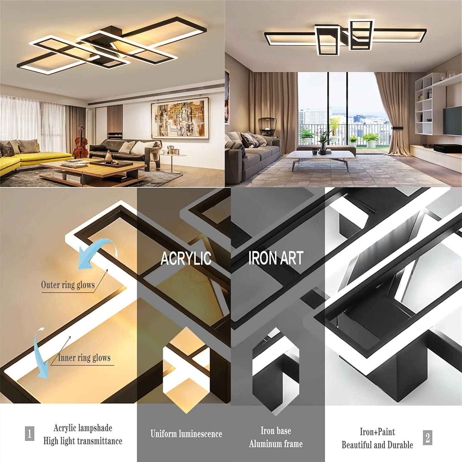 35.4" Modern LED Ceiling Light Fixture – 94W Black Dimmable Rectangular Chandelier with Remote Control, Flush Mount Geometric Lamp for Living Room & Bedroom