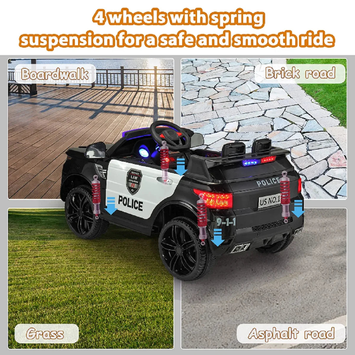 ๐ 12V Police Car Ride-On with Remote Control, Real Megaphone, Music, LED Siren & Bluetooth โ For Kids Ages 3-8