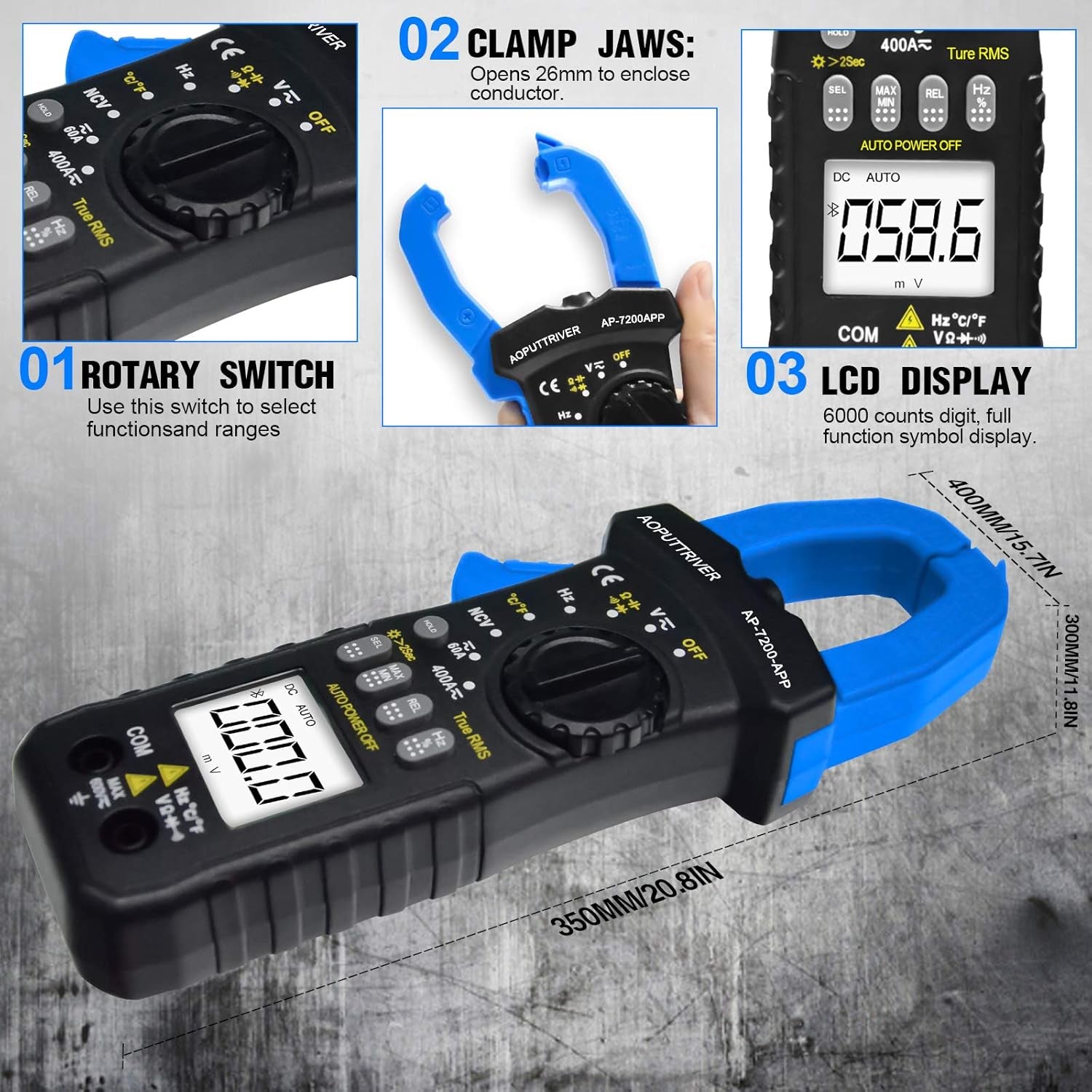 🔧 AP-7200APP Bluetooth Digital Clamp Meter – Auto-Ranging 6000 Counts Multimeter for AC/DC Current, Voltage, Resistance, Capacitance & Continuity Testing