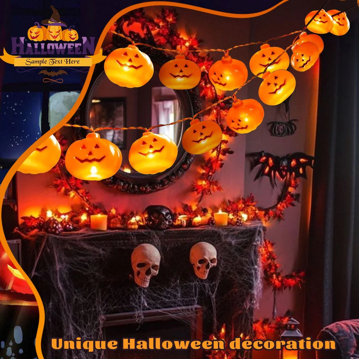Halloween Pumpkin String Lights – 40 LED Lights, 19.7 Ft, Halloween & Thanksgiving Party Decor