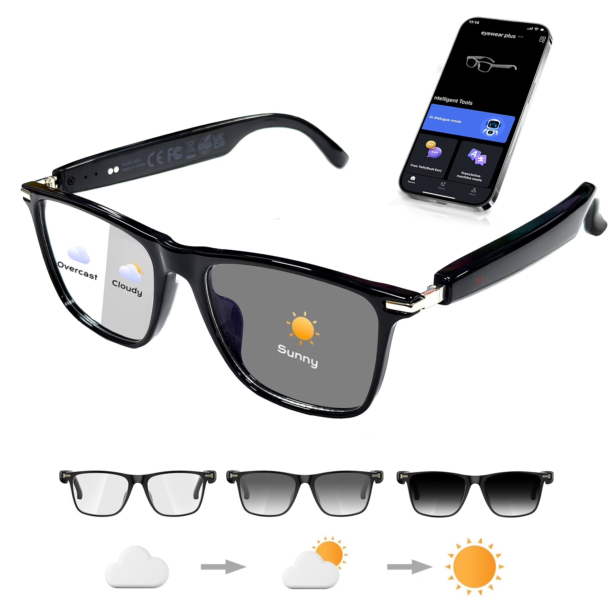 AI Smart Glasses | DeepSeek R1 & Gemini 2.5 Chat Integration | 164 Languages Translation | Bluetooth Music & Calling | Color-Changing Lenses | IP67 Waterproof