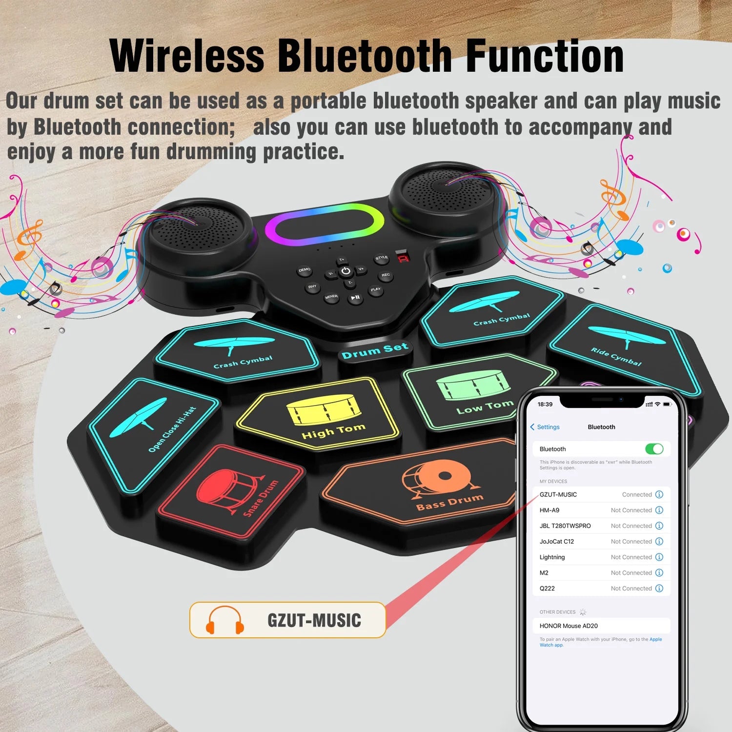 Electronic Drum Set for Kids & Adults – 9-Pad Portable MIDI Roll-Up Drum Kit with Dual Speakers, Headset Jack, Drumsticks & Foot Pedals – Beginner-Friendly