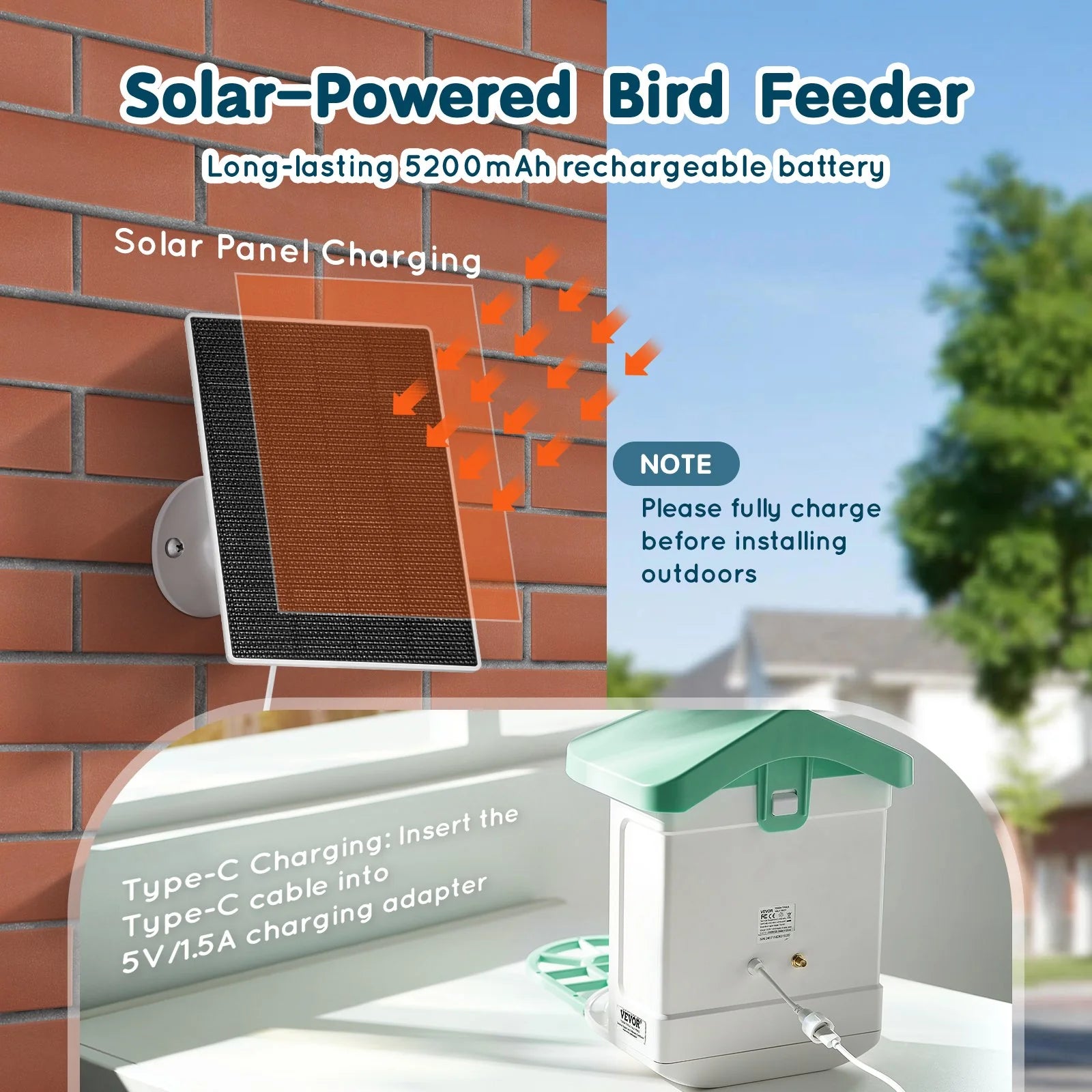 VEVOR Smart Bird Feeder with Camera – 2K HD AI Bird Recognition, Auto Capture, Night Vision, Solar Powered, Motion Detection & App Control