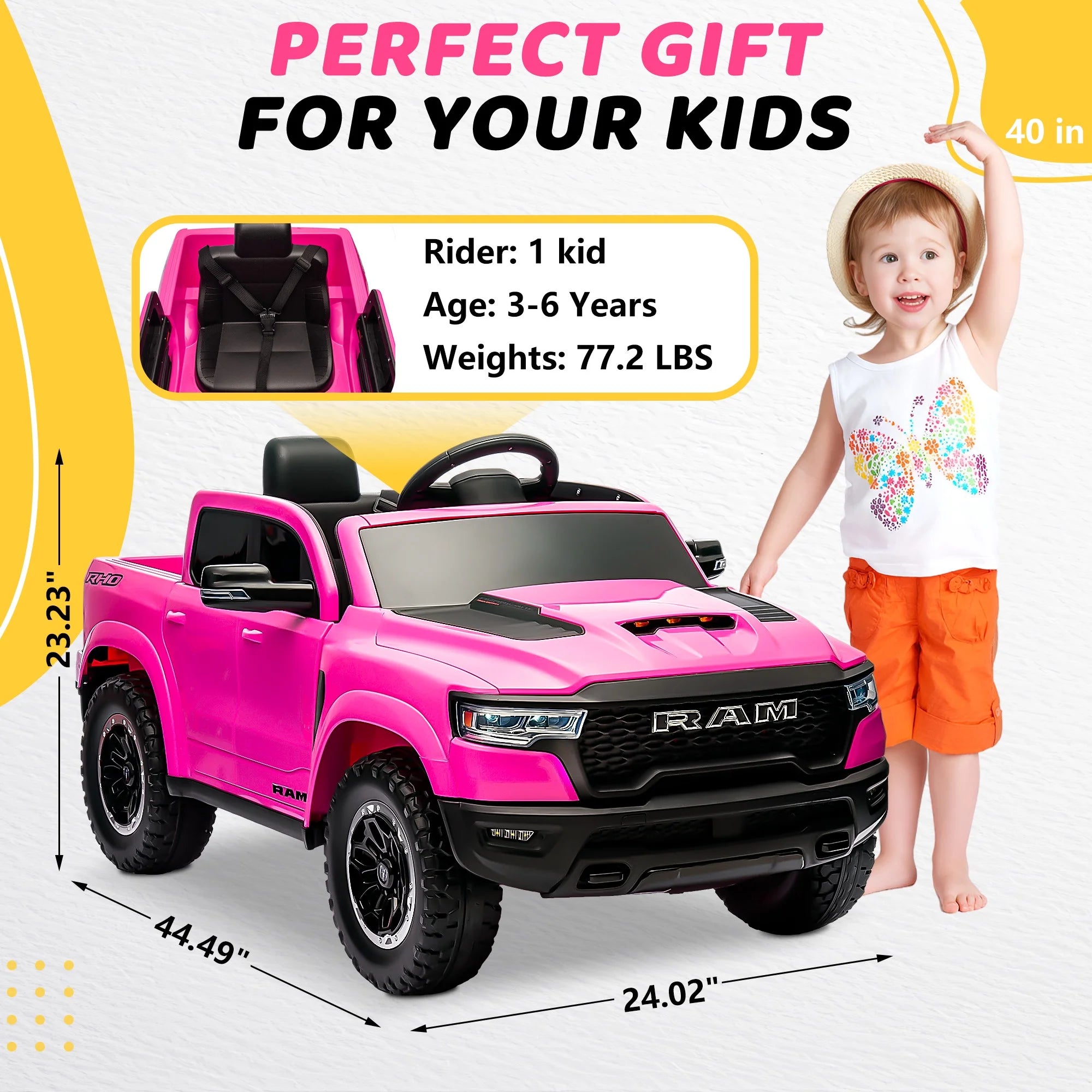 🚗 RAM 1500 12V Ride-On Truck for Kids with Remote Control – Electric Car Toy with Music, LED Lights, Bluetooth & Suspension | Pink