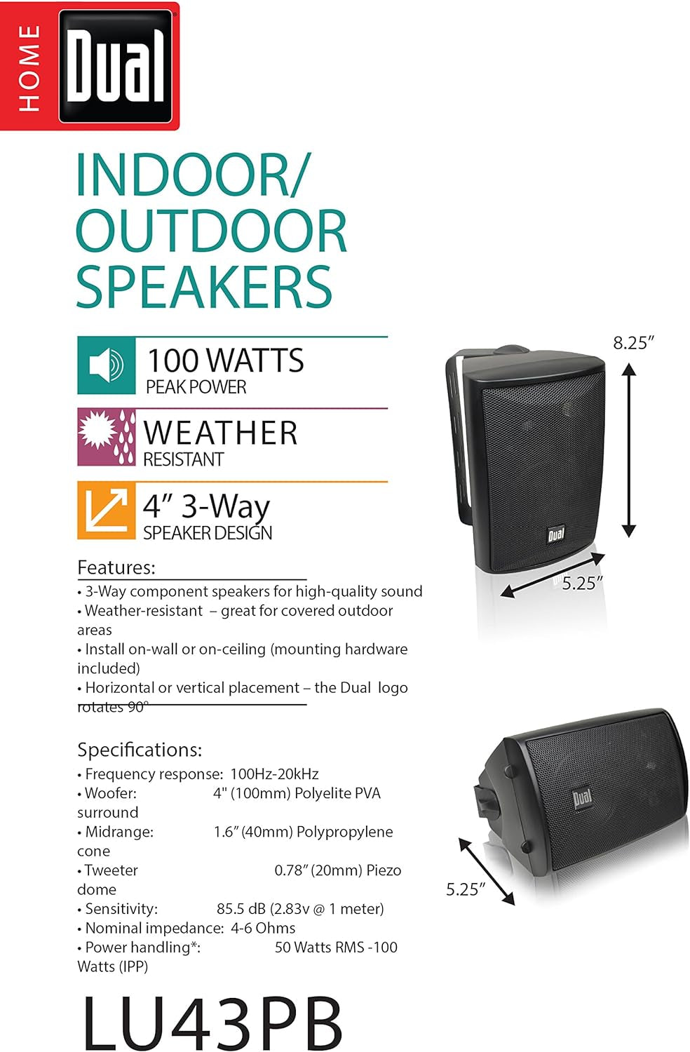 LU43PB 3-Way Indoor/Outdoor Speakers with Deep Bass + DBTMA100 Bluetooth Stereo Amplifier – High-Performance Audio System