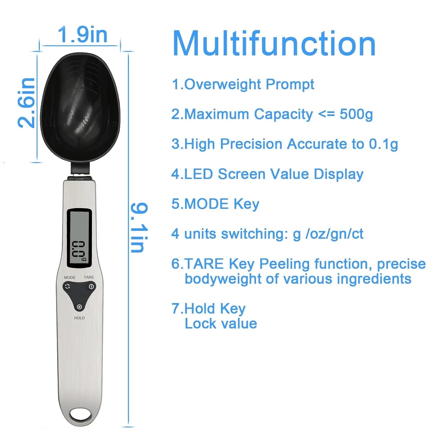 Kitchen Spoon Scale – Digital Food Scale with LCD Display, 500g Capacity, Precision 0.1g, Multi-Unit (g/oz/gn/ct)
