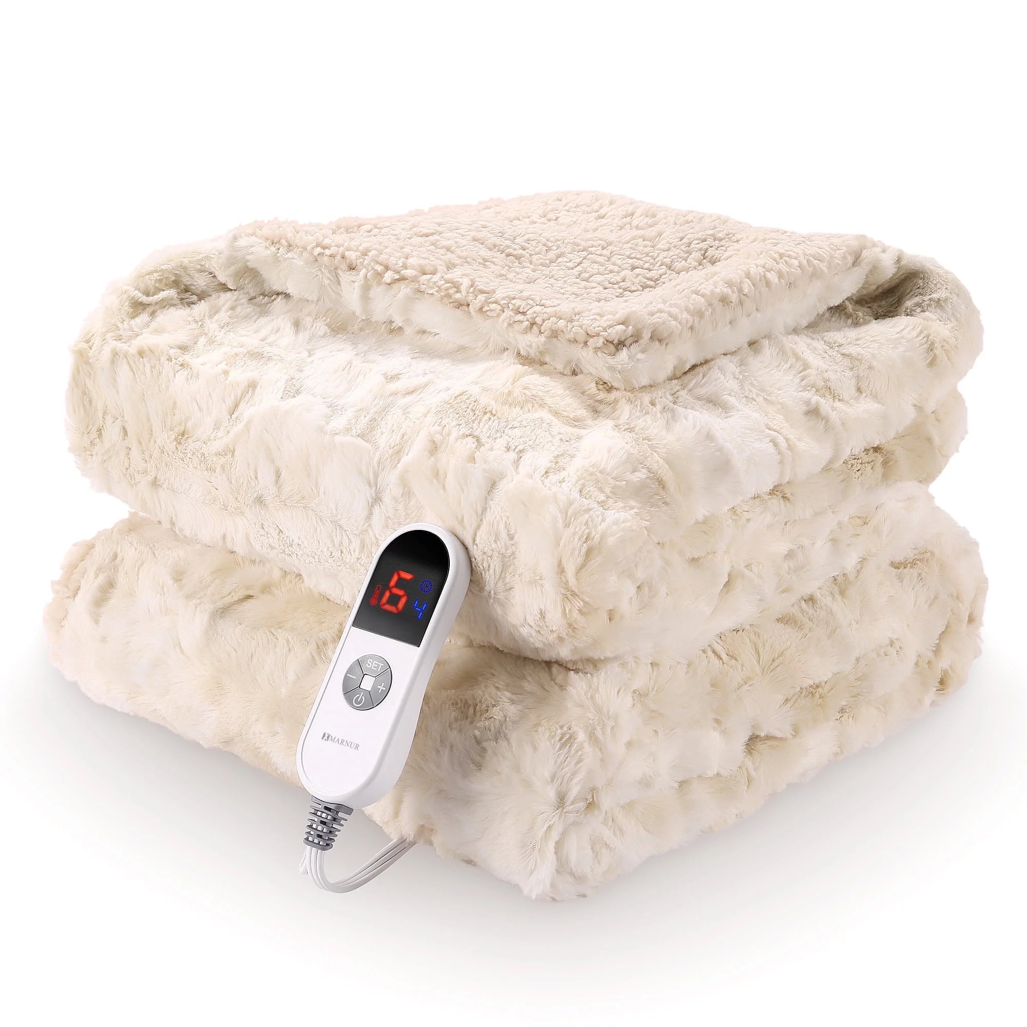 Electric Throw Blanket 50" x 60" – Soft Faux Fur Heated Blanket with Large LED Display, 6 Heat Settings & 4-Hour Timer | Tie-Dye Off White