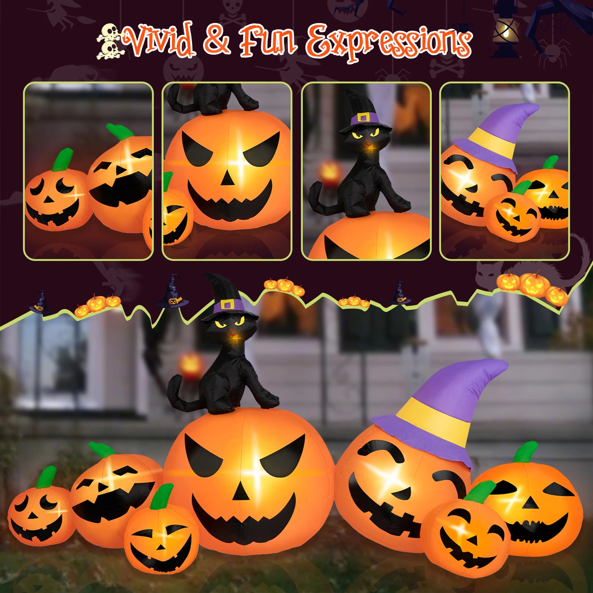 8FT Long Halloween Inflatable Pumpkins – Blow-Up Yard Decor with Witch Hat, Black Cat & Built-In LED Lights for Lawn, Garden, Party & Outdoor Displays