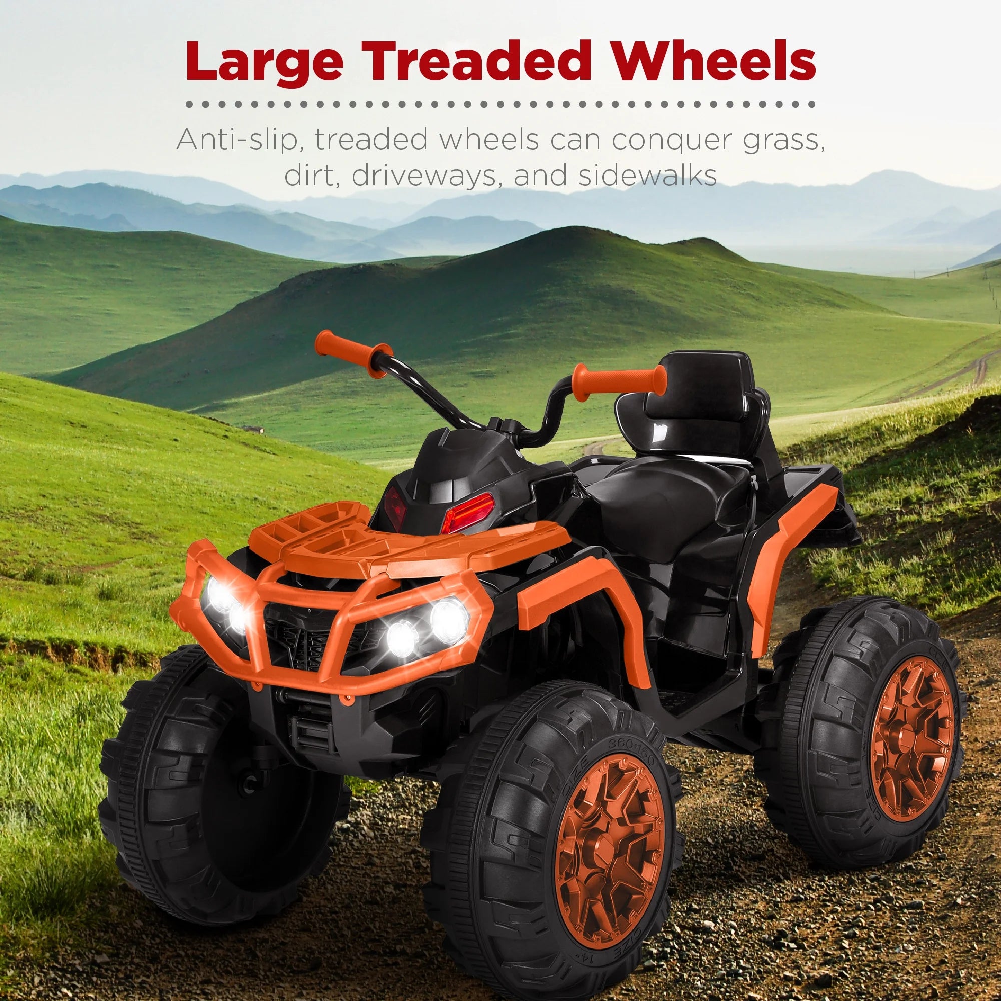 12V Kids Ride-On ATV Quad – Orange with Bluetooth, LED Lights, Treaded Wheels & 2-Speed Forward/Reverse