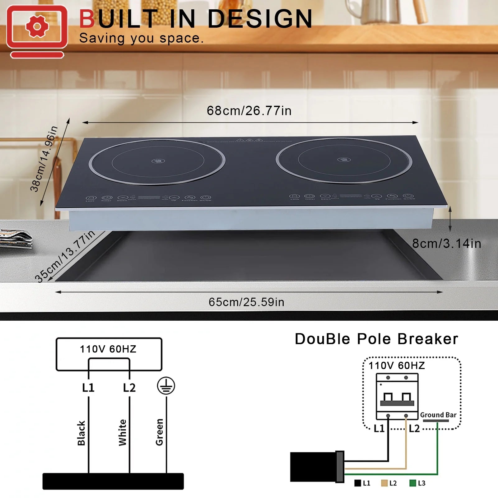 Electric Ceramic Cooktop 26.8" – 2-Burner Built-In Countertop Stove, 2200W, 11 Power Levels, LED Touch Control, Timer & Kids Lock