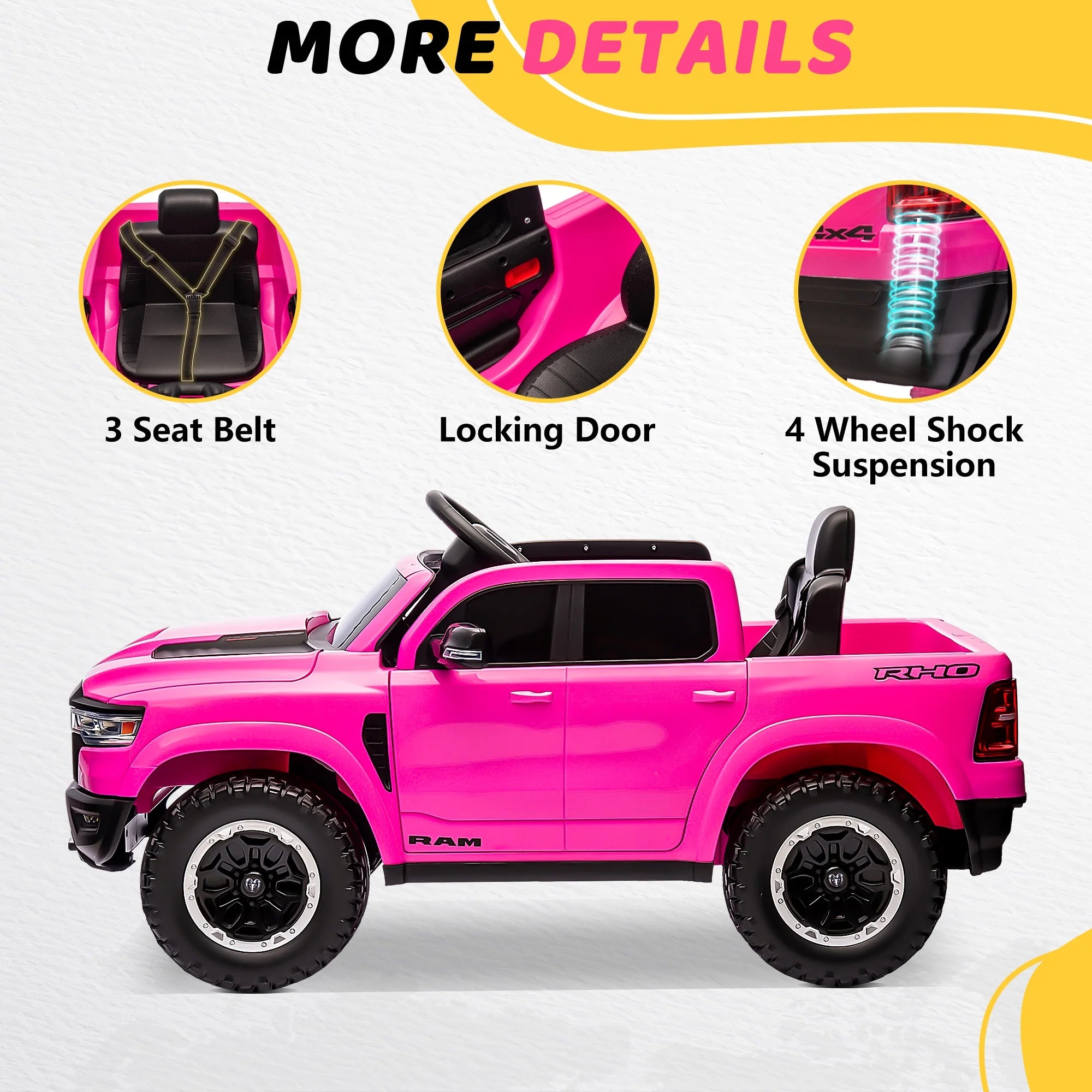 🚗 RAM 1500 12V Ride-On Truck for Kids with Remote Control – Electric Car Toy with Music, LED Lights, Bluetooth & Suspension | Pink