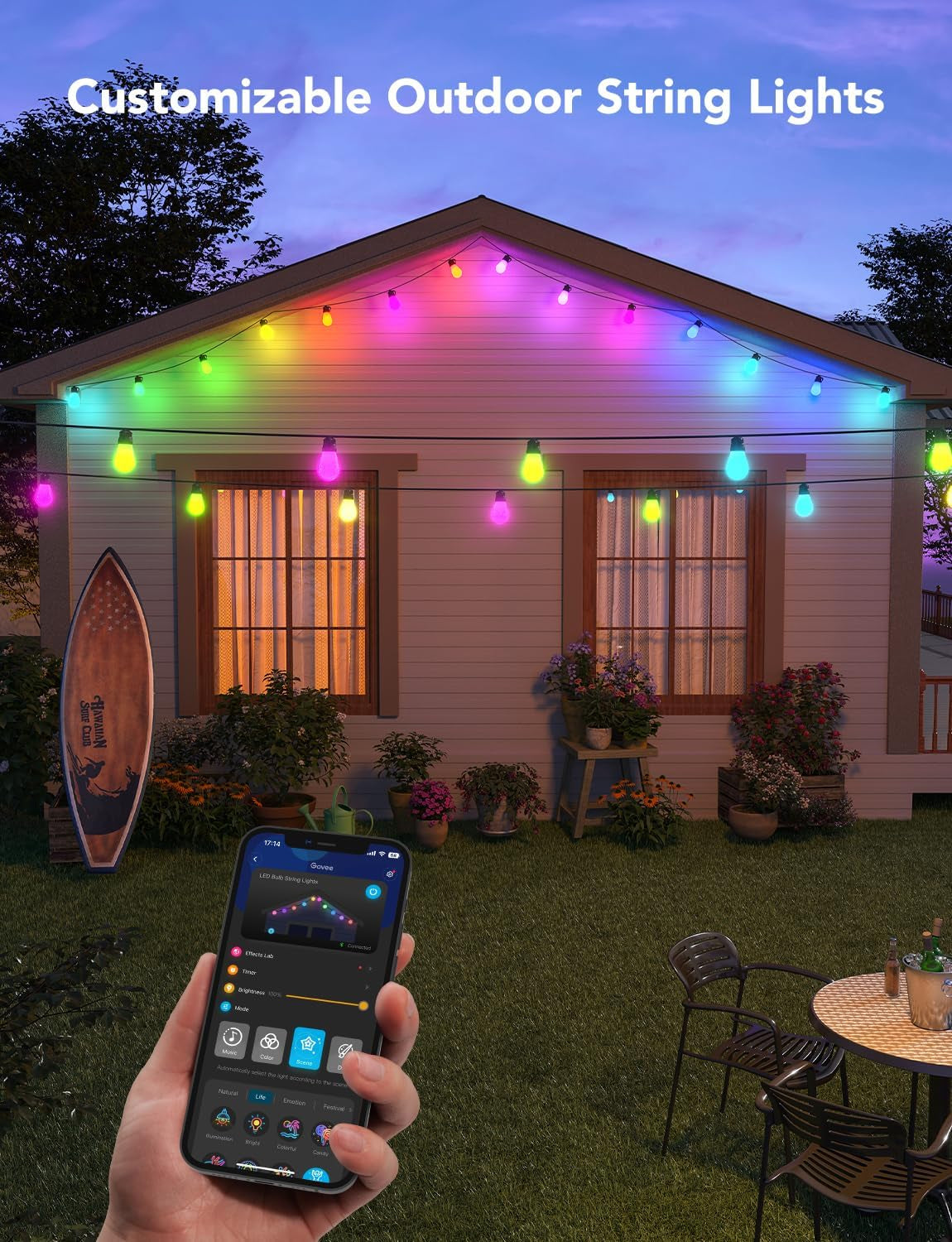 Smart Outdoor String Lights H7015 – 48Ft RGBIC LED Patio Lights with 15 Dimmable Bulbs, App Control, 47 Scene Modes, IP65 Waterproof