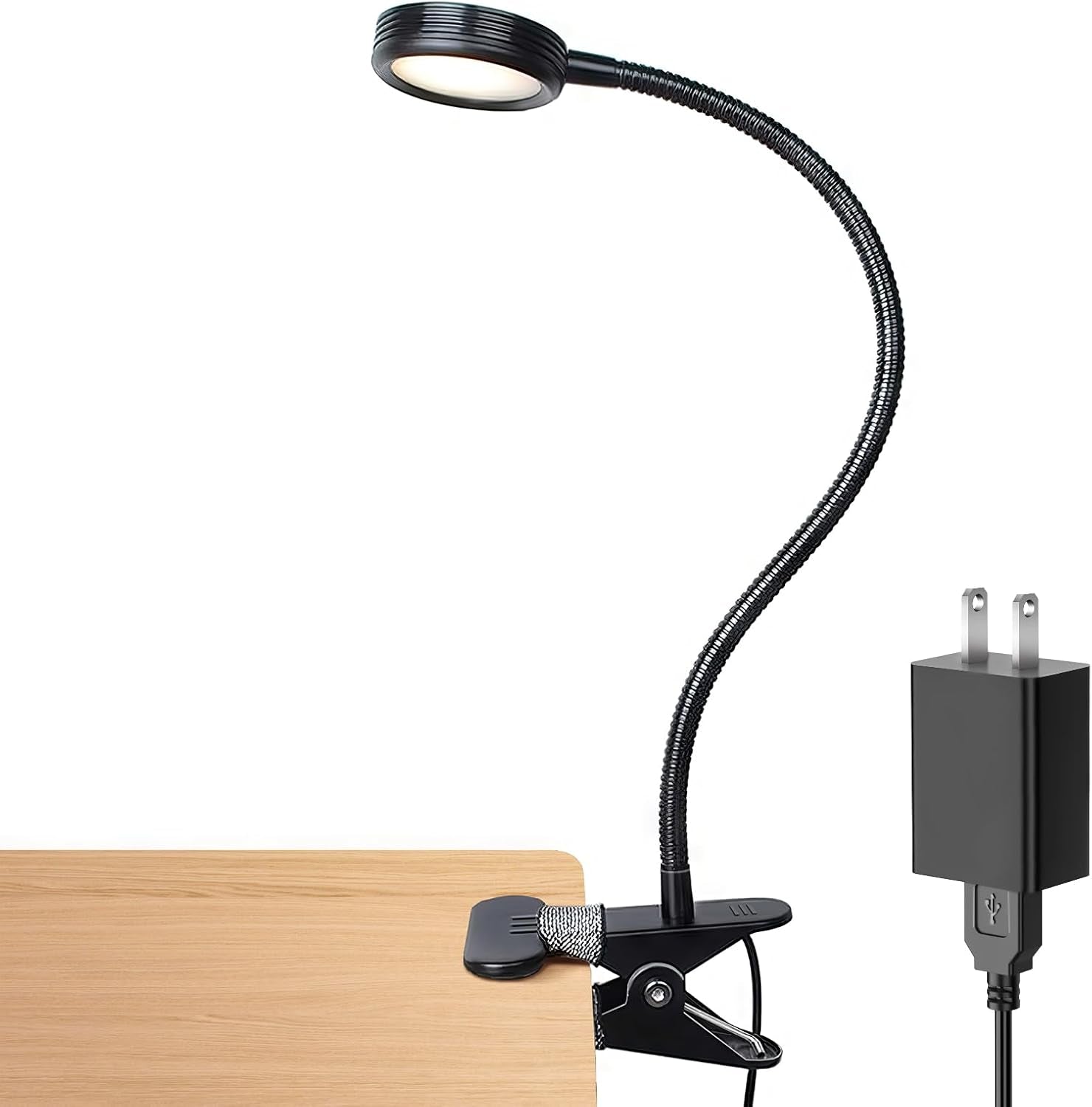 Clip-On Color-Changing LED Light – Reading, Book, Desk & Night Lamp with Adapter, Black