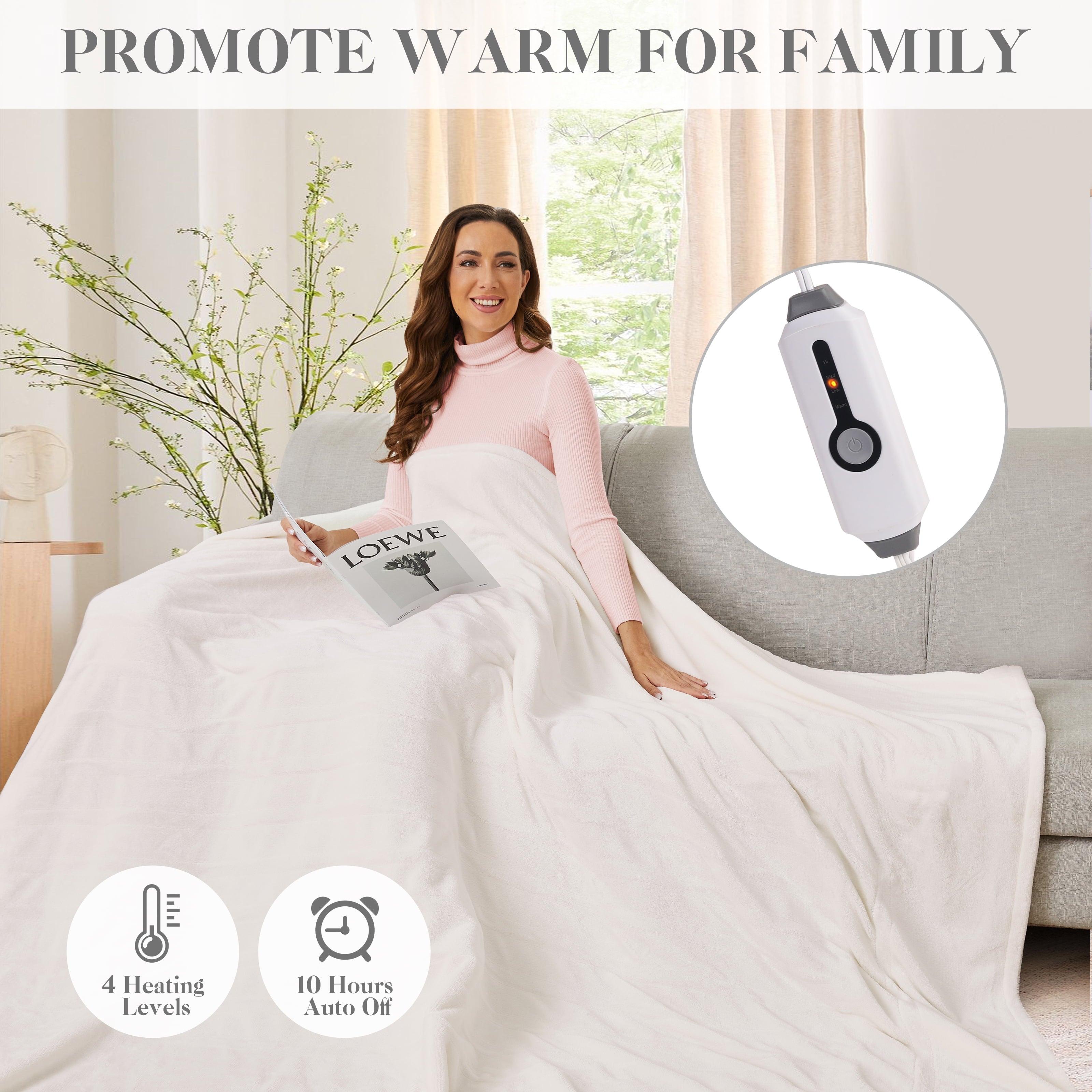 Full-Size Electric Blanket 72" x 84" – Soft Flannel Heated Blanket with 4 Fast Heating Levels & 10-Hour Auto-Off – White