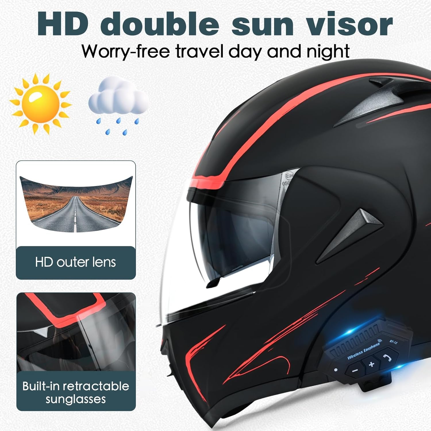 Motorcycle Bluetooth Modular Helmet – DOT Approved Full-Face Flip-Up Helmet with Dual Visor & Integrated Bluetooth for Men & Women