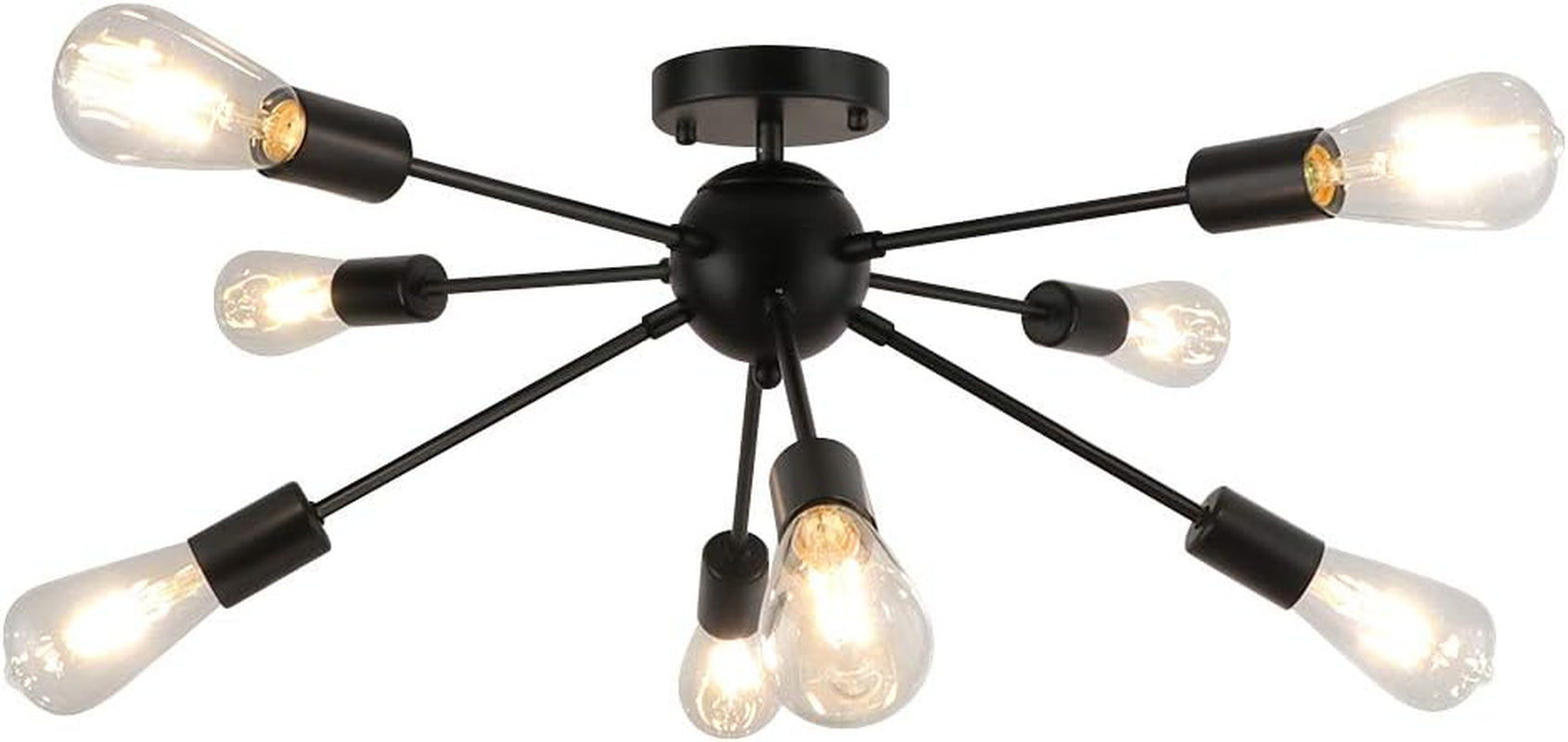 Black 8-Light Semi-Flush Mount Ceiling Light – Sputnik Retro Industrial Chandelier for Kitchen, Living Room, Dining Room, Bedroom & Hallway