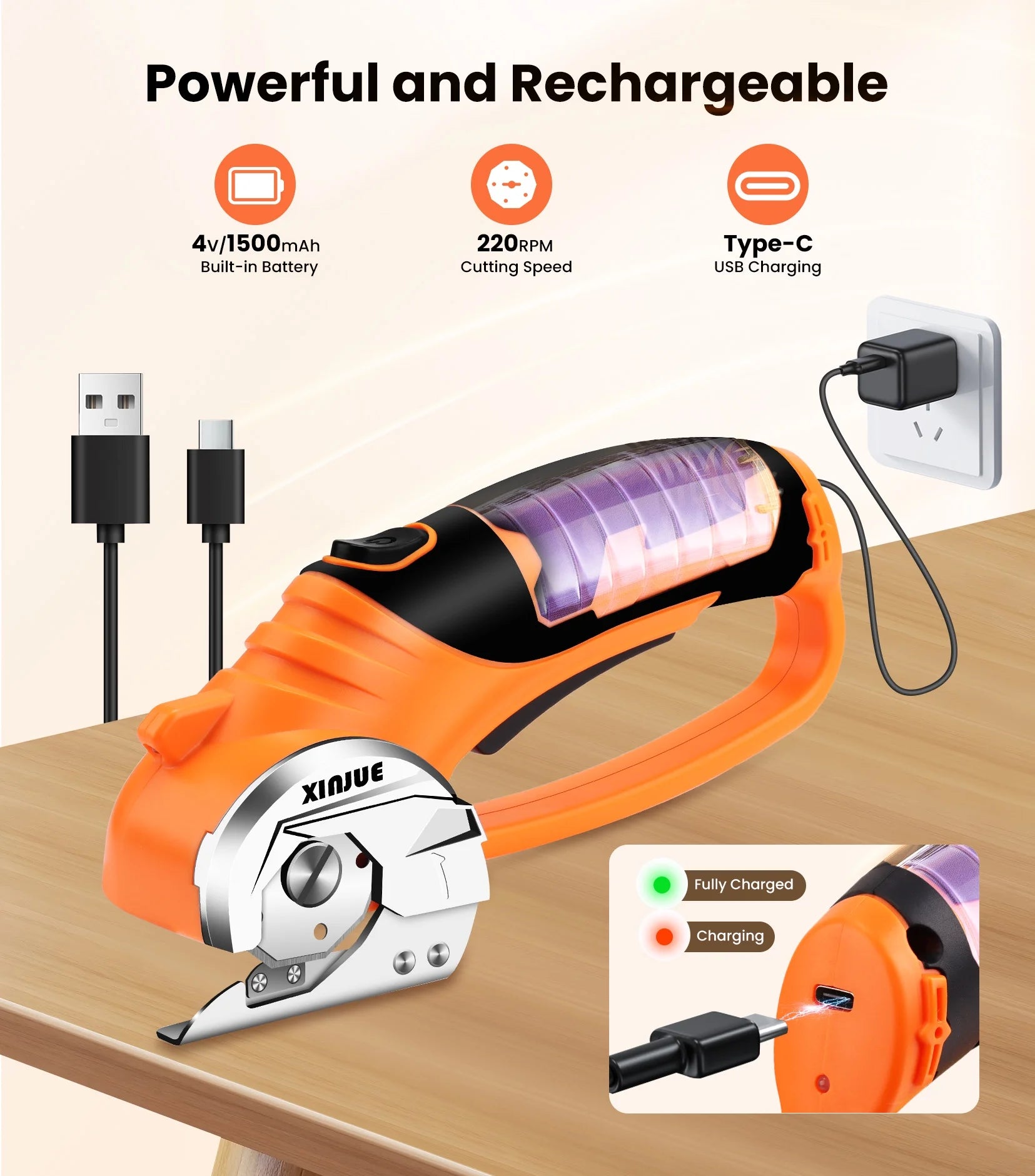 Cordless Electric Scissors — Heavy-Duty 4V Rechargeable Rotary Cutter with Safety Lock & LED Light