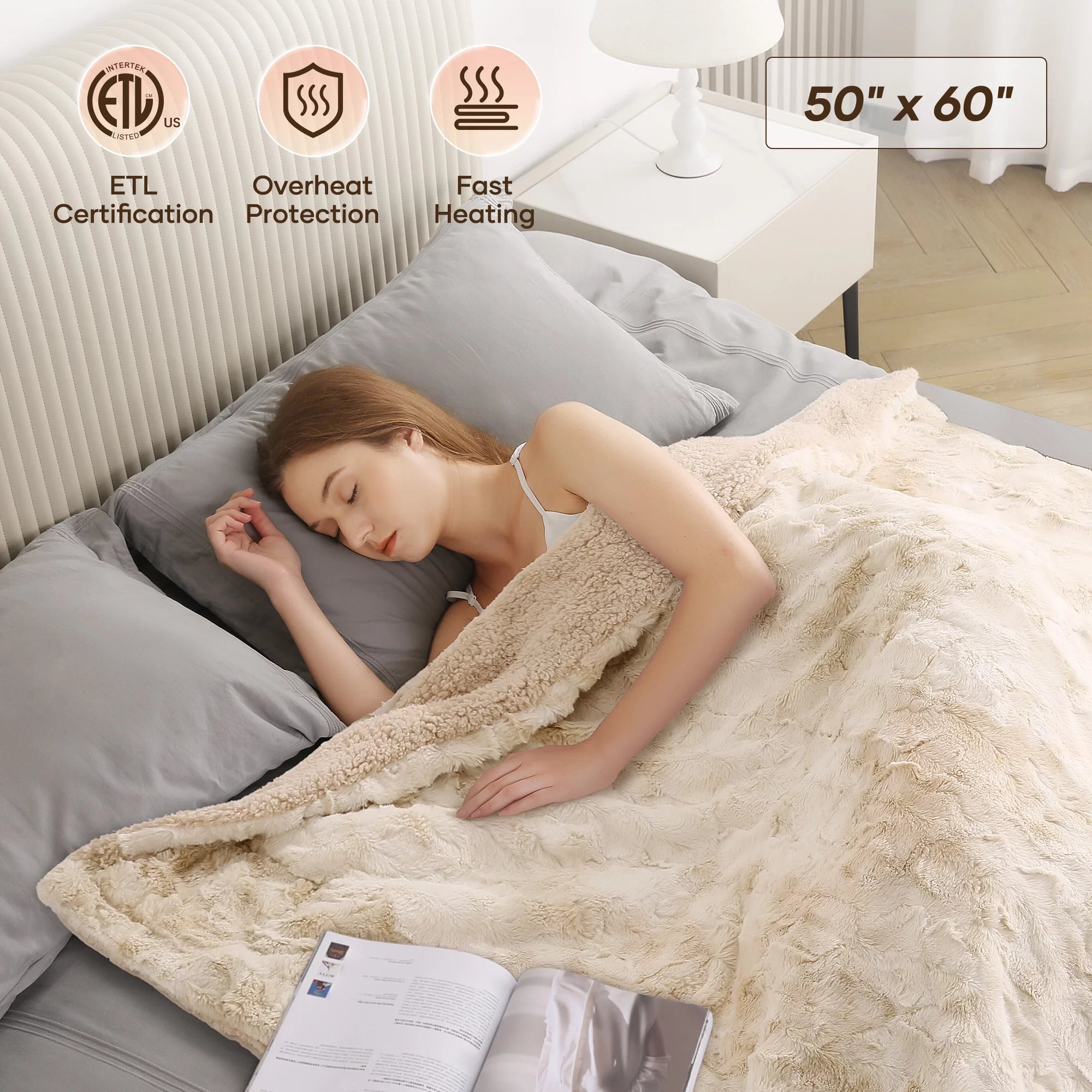 Electric Throw Blanket 50" x 60" – Soft Faux Fur Heated Blanket with Large LED Display, 6 Heat Settings & 4-Hour Timer | Tie-Dye Off White