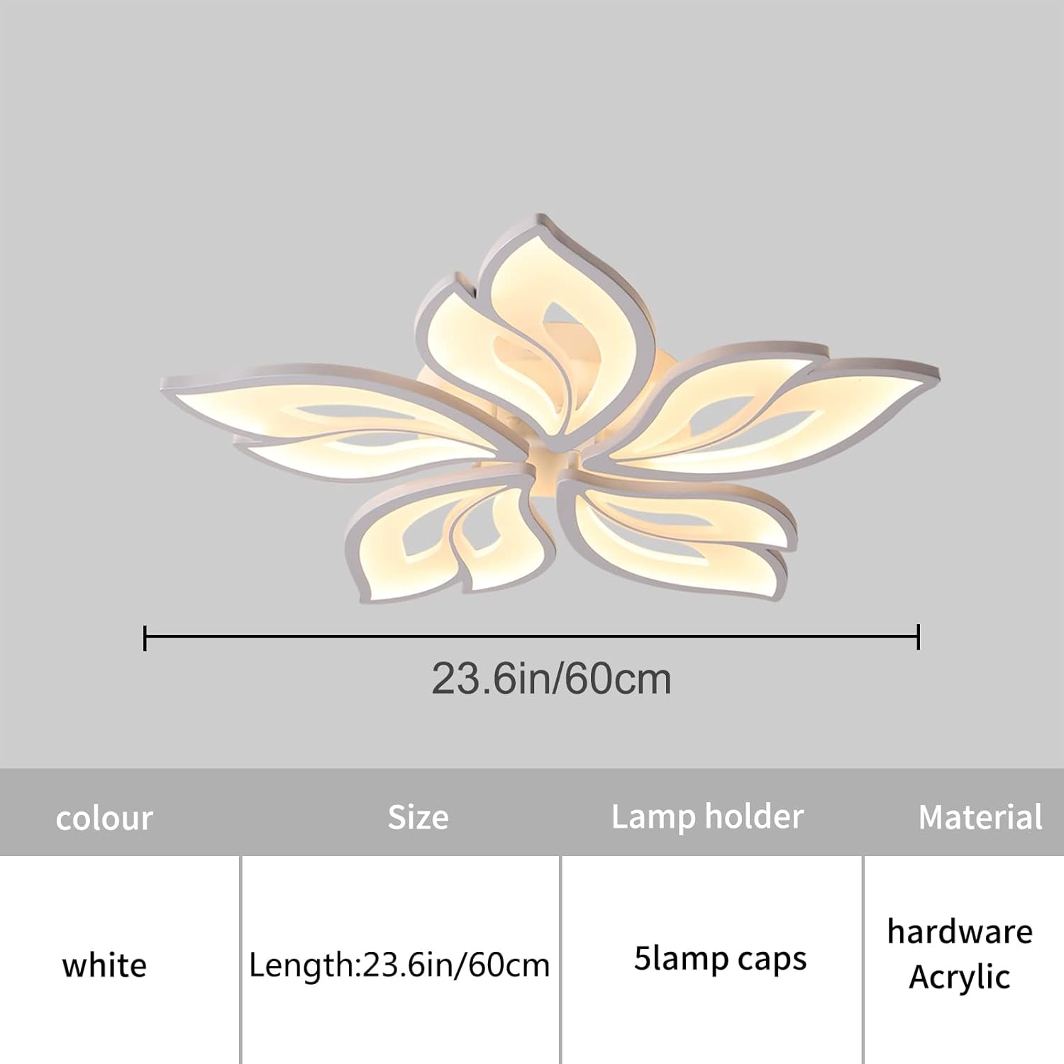 Modern Ceiling Light 23.6” – Dimmable LED Chandelier Flush Mount with Remote Control, Acrylic Leaf White Lamp Fixture for Living Room, Dining Room & Bedroom, 60W