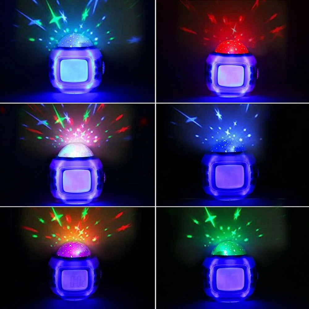 Starry Nightlight Alarm Clock for Kids – Digital Star Projection Clock with Sunrise Simulation, Music, Thermometer, Calendar & Backlight (White)
