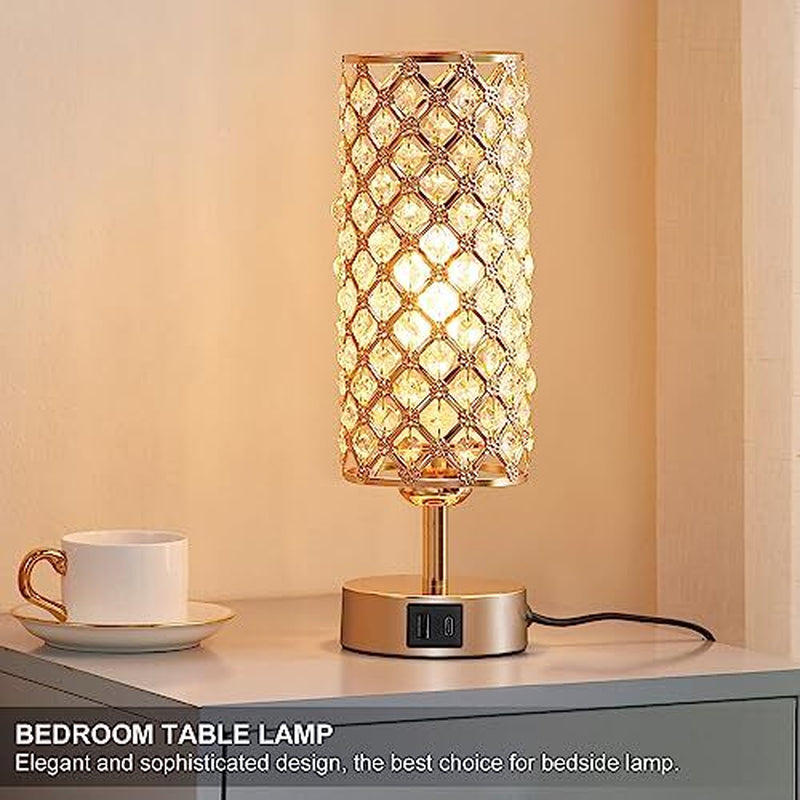 Crystal Table Lamp for Bedroom with USB-C, USB-A, and USB-C+A Charging Ports | Elegant Gold Finish