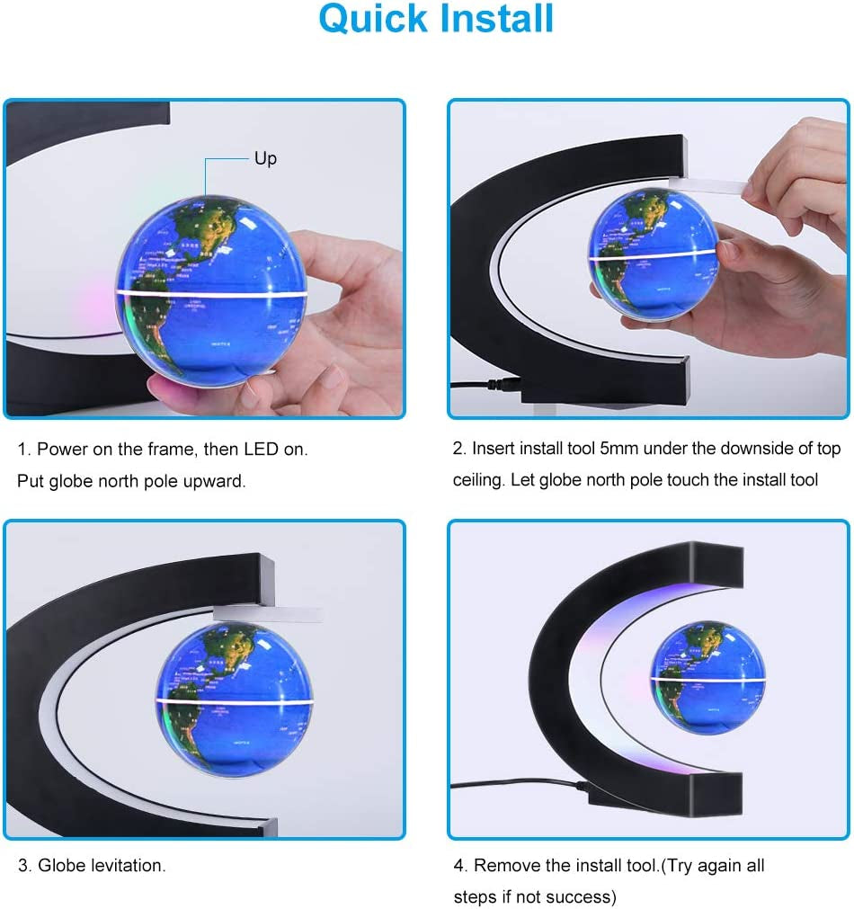 Magnetic Levitating Globe with LED Light – Floating World Map Globe Desk Decor for Office & Home – Cool Tech Gift for Men, Kids, and Teens (Blue)