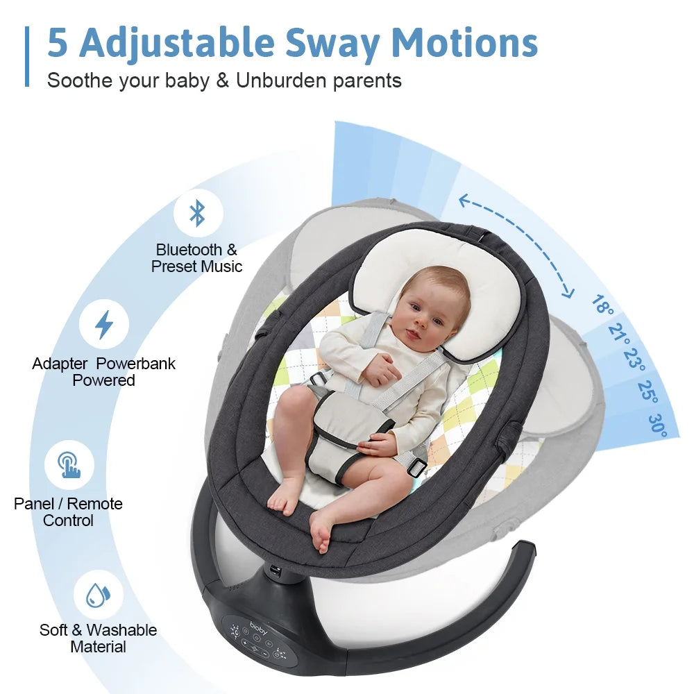 🍼 Electric Baby Swing with Bluetooth Music – 5 Sway Modes, 3 Timers, Black Infant Bouncer Rocker