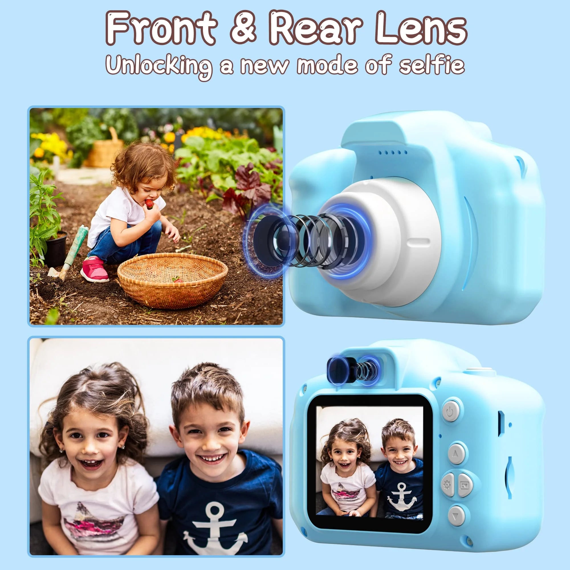 PayUSD Kids Digital Camera – 20MP Dual Lens, 1080P HD Video, 2" IPS Screen with 32GB SD Card – Shockproof Toy Camera for Boys & Girls Ages 3-10 - Blue