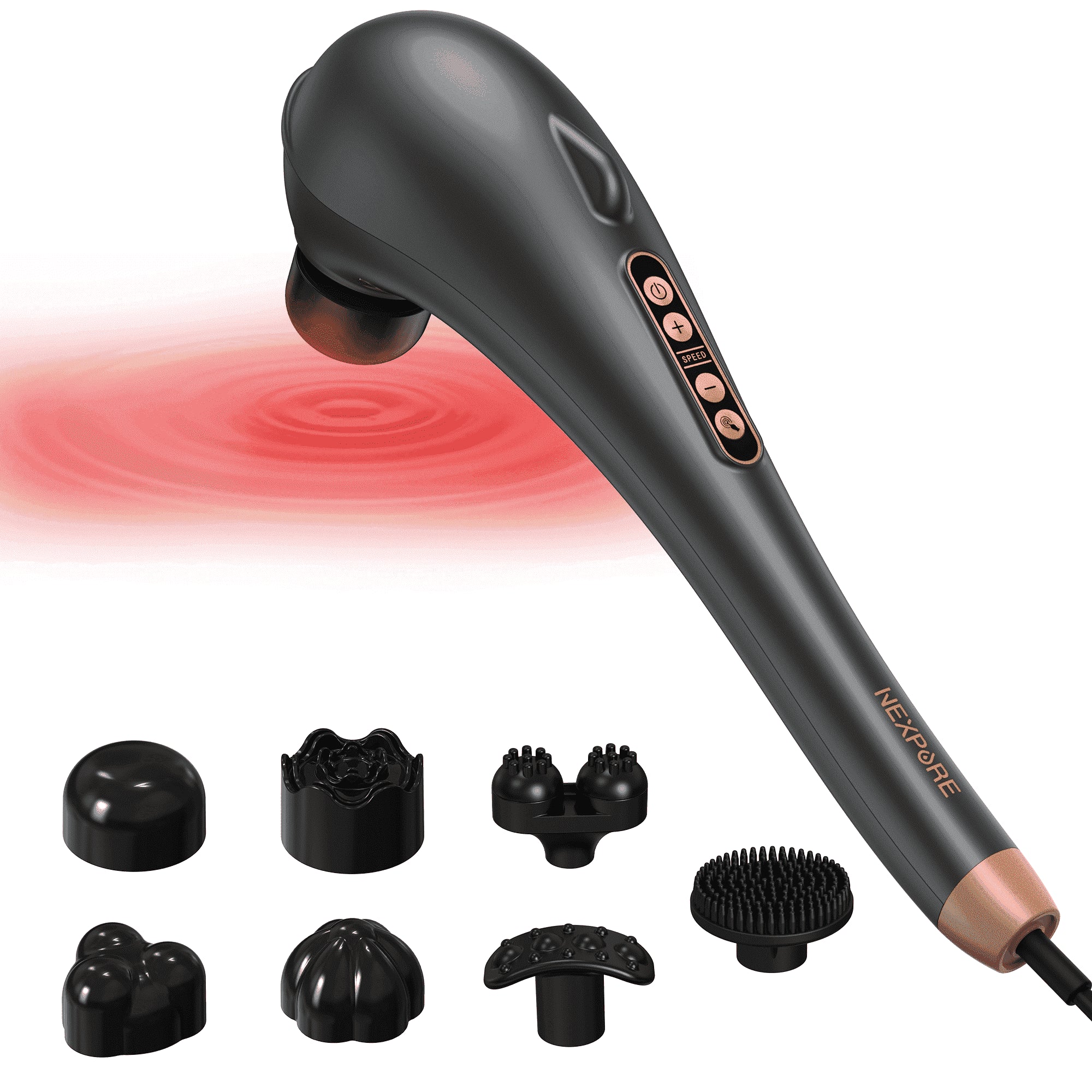 NEXPURE Handheld Deep Tissue Percussion Massager – Corded Electric Muscle Relaxer with 5 Modes, 6 Speeds & 7 Interchangeable Heads for Neck, Back, Shoulders & Legs