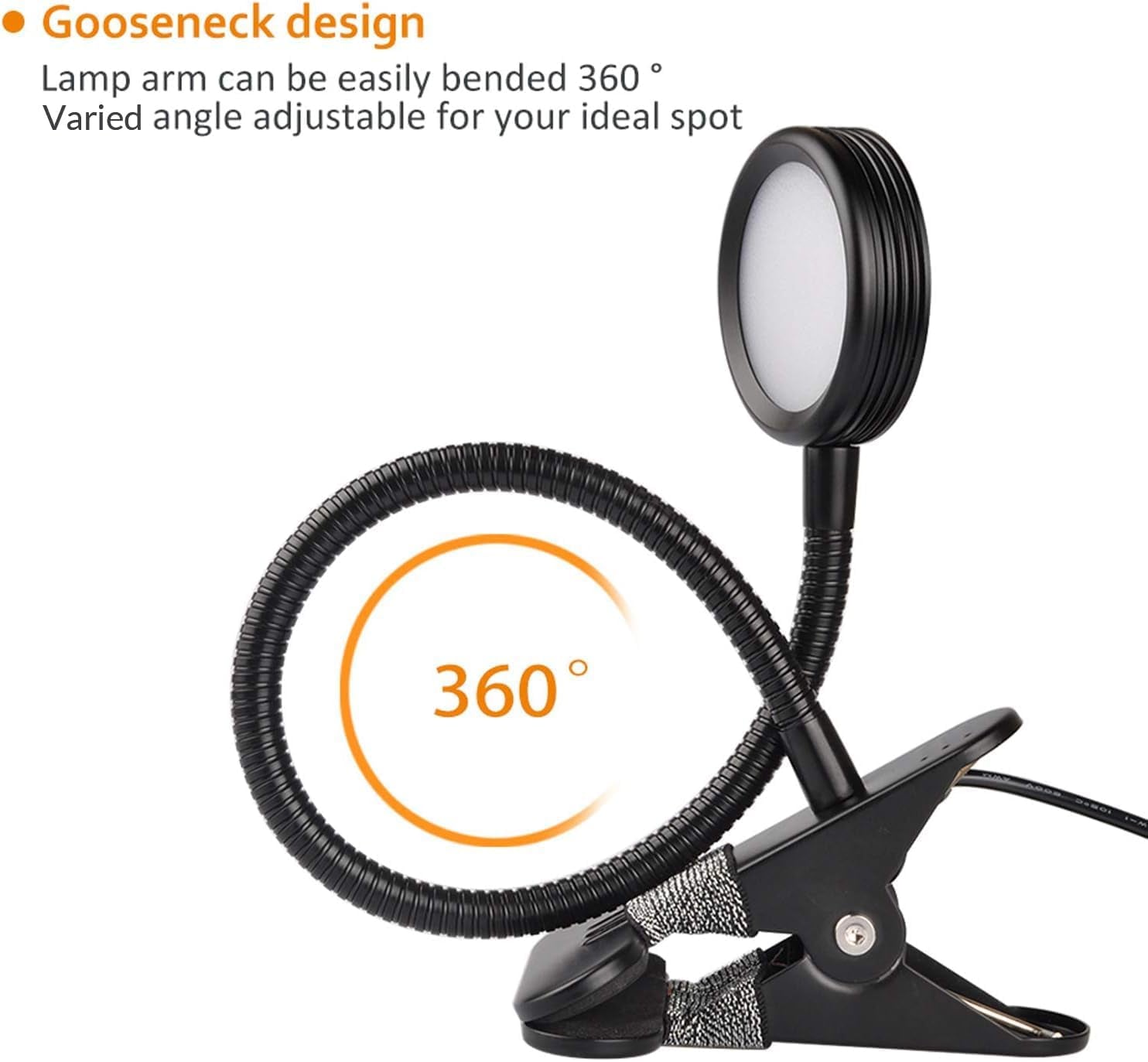 Clip-On Color-Changing LED Light – Reading, Book, Desk & Night Lamp with Adapter, Black