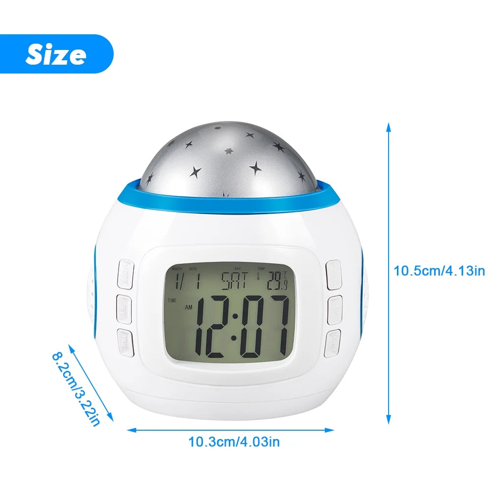 Starry Nightlight Alarm Clock for Kids – Digital Star Projection Clock with Sunrise Simulation, Music, Thermometer, Calendar & Backlight (White)