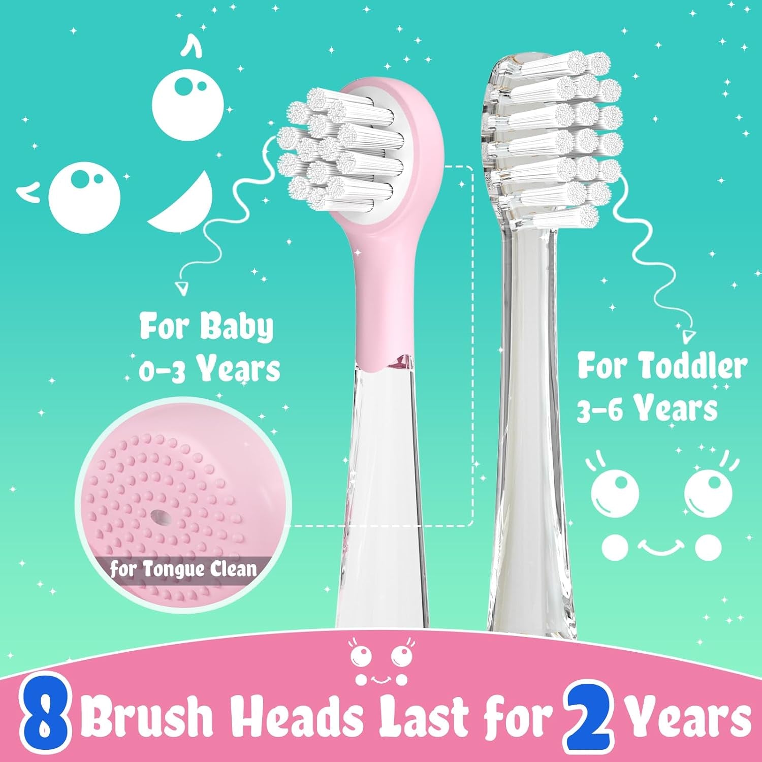 Kids Electric Toothbrush Rechargeable with Magnetic Charging – 8 Heads & LED Light for Toddlers & Kids Ages 2-6 (Pink)