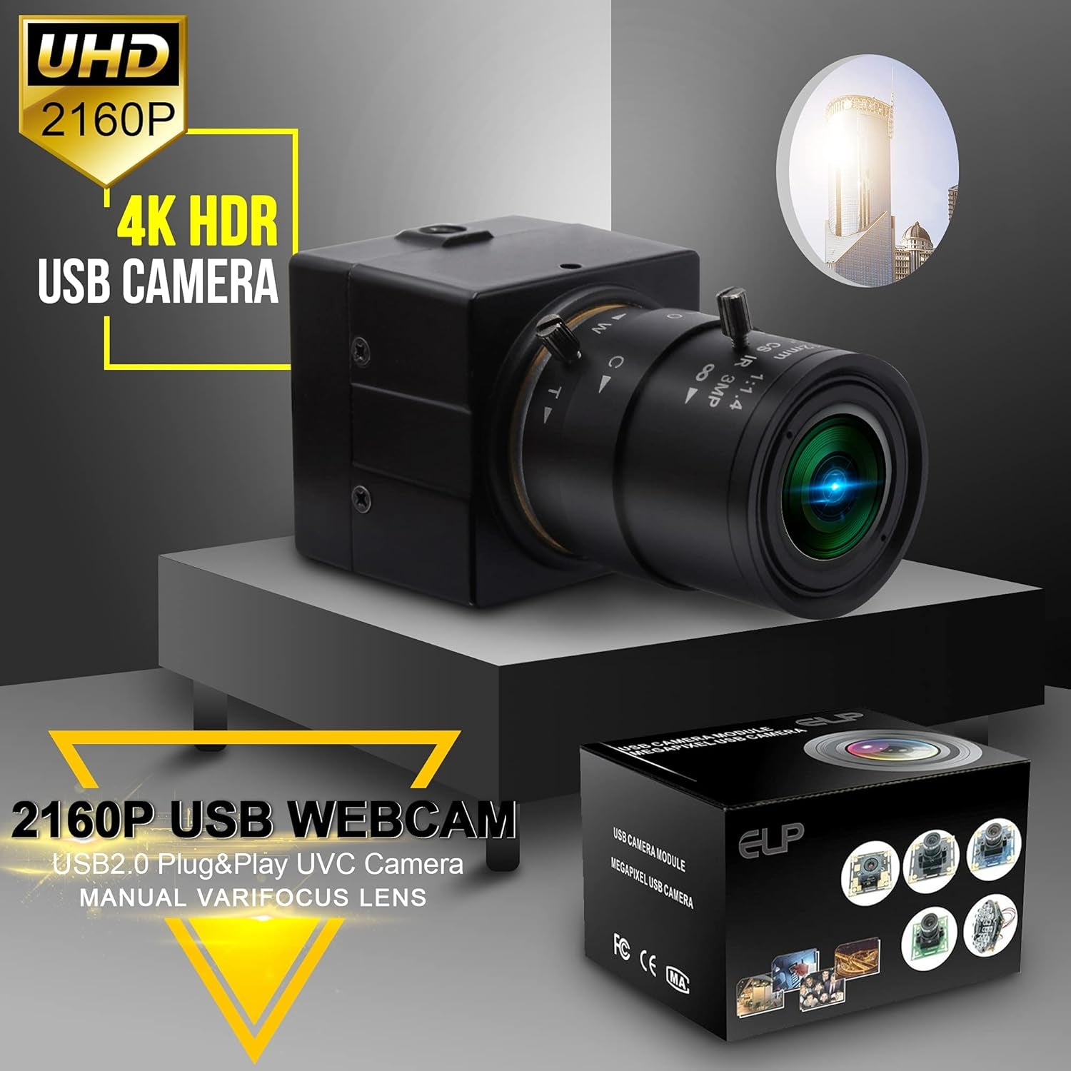 4K Ultra HD USB Camera with 2.8–12mm 4X Varifocal Manual Lens – UVC Compliant USB Webcam for Conference Calls, Live Streaming & OpenCV Support