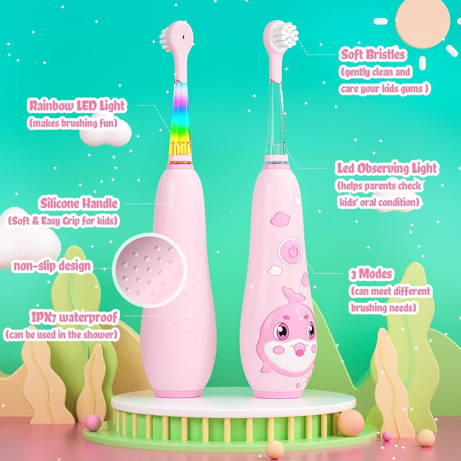 Kids Electric Toothbrush Rechargeable with Magnetic Charging – 8 Heads & LED Light for Toddlers & Kids Ages 2-6 (Pink)