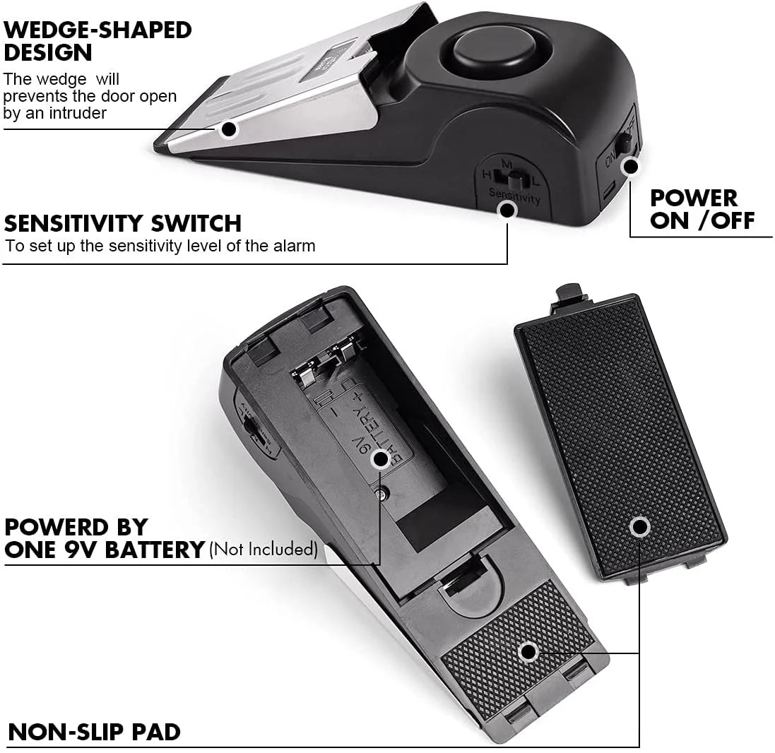 Door Stop Alarm, 2 Pack Door Stopper with 120DB Security Alarm, Door Security Devices for Home Travel, Black