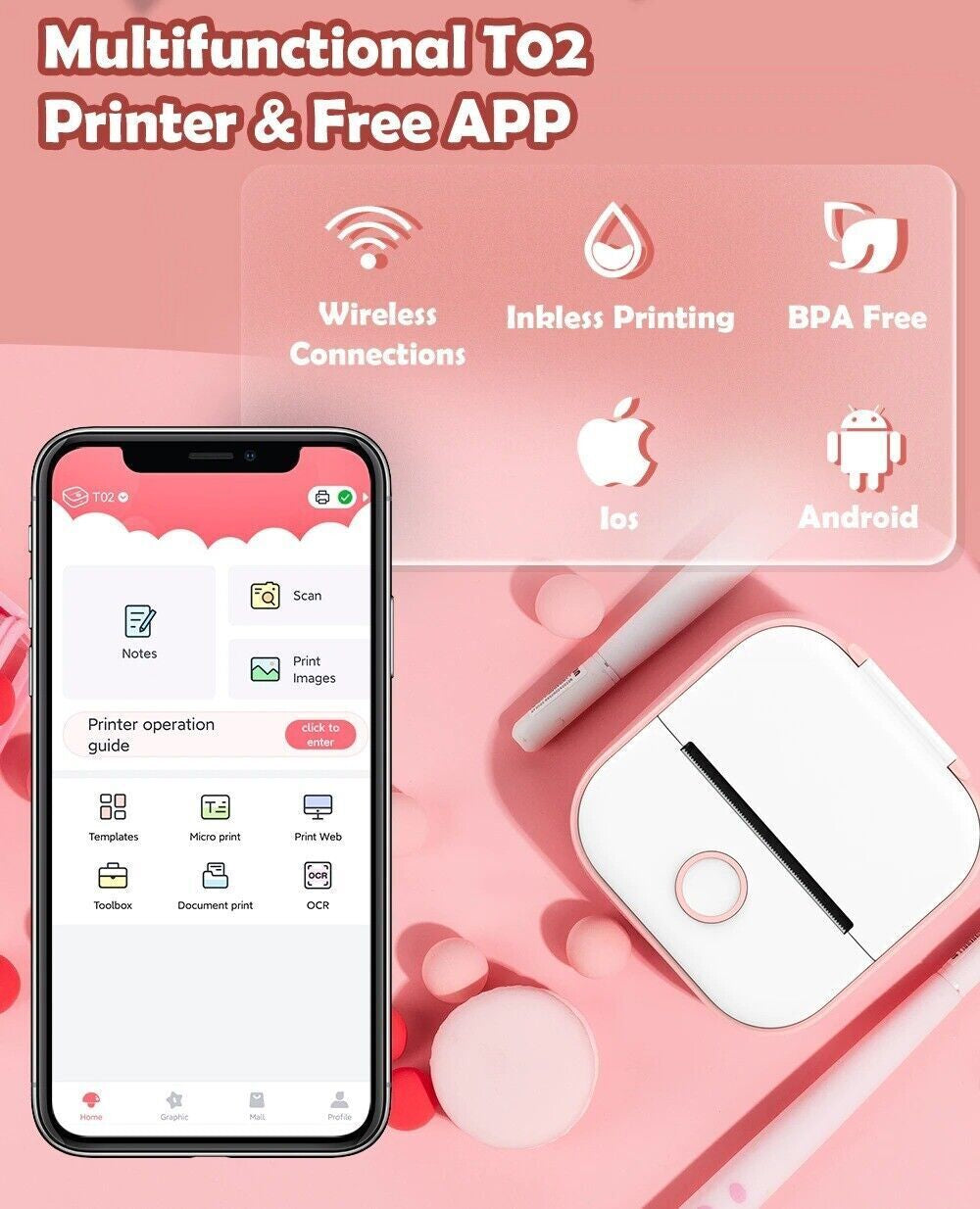 Phomemo T02 Mini Thermal Printer – Portable Pocket Bluetooth Printer for Photos, Labels & Stickers