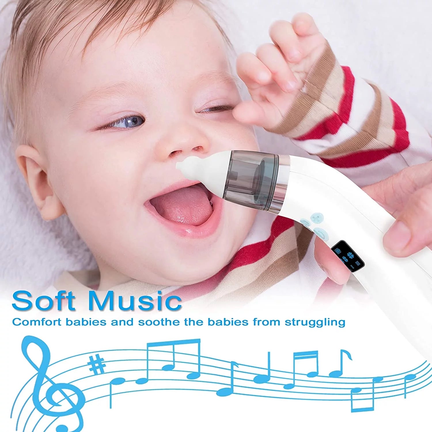 Electric Baby Nasal Aspirator with Music – Automatic Infant Nose Cleaner with 4 Replacement Nozzles, 3 Adjustable Suction Levels & USB Rechargeable