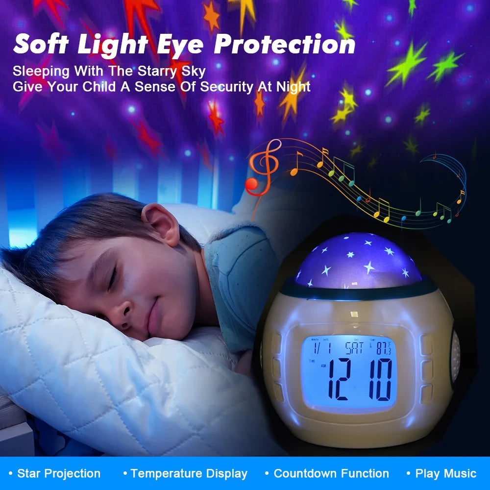 Starry Nightlight Alarm Clock for Kids – Digital Star Projection Clock with Sunrise Simulation, Music, Thermometer, Calendar & Backlight (White)
