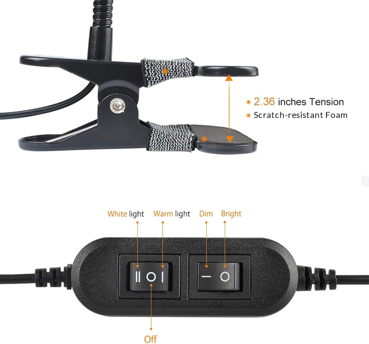 Clip-On Color-Changing LED Light – Reading, Book, Desk & Night Lamp with Adapter, Black