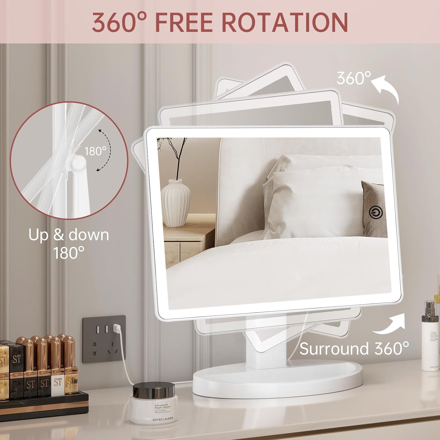 Large Lighted Vanity Makeup Mirror – 88 LED, 360° Rotation, Touch Control, 10X Magnification