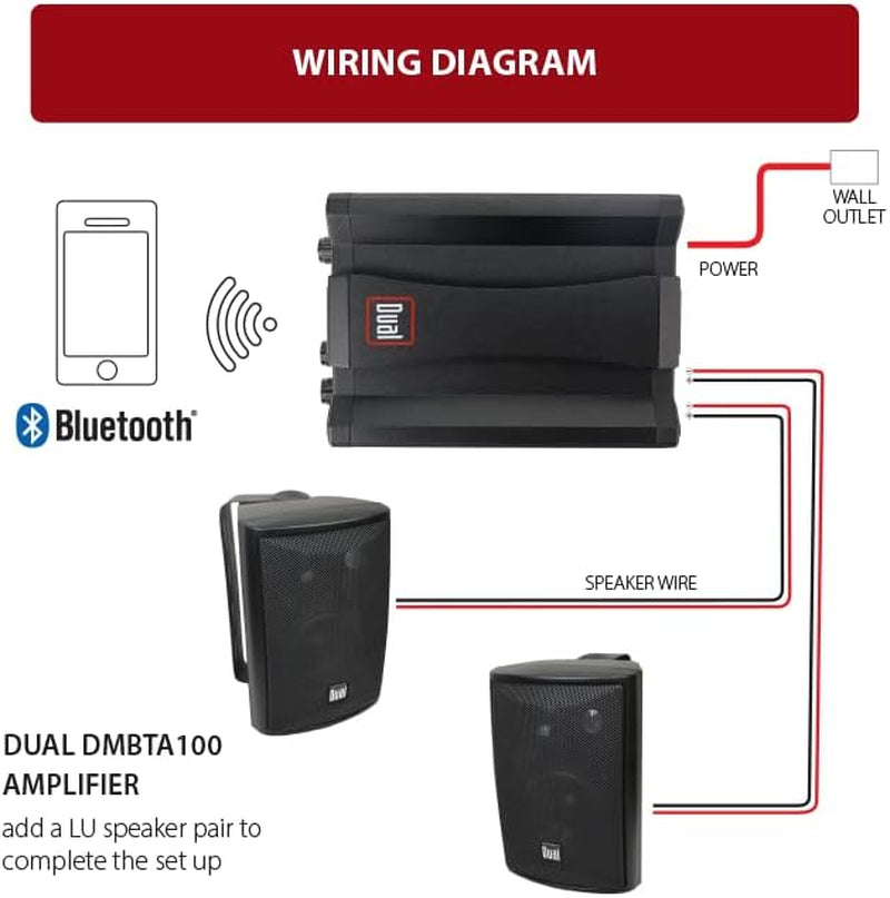 LU43PB 3-Way Indoor/Outdoor Speakers with Deep Bass + DBTMA100 Bluetooth Stereo Amplifier – High-Performance Audio System