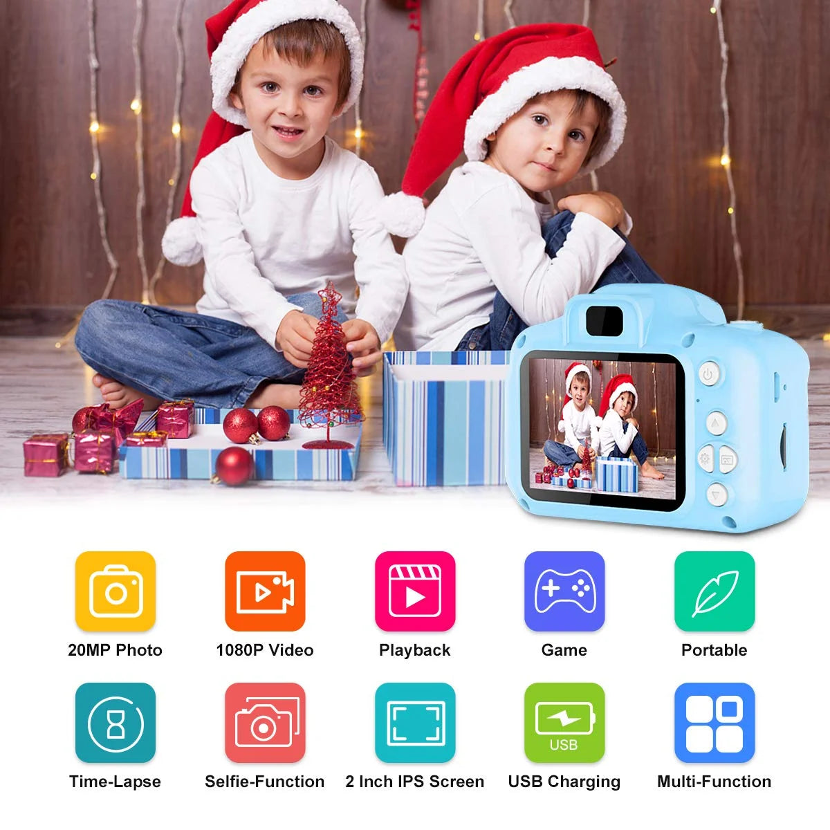 PayUSD Kids Digital Camera – 20MP Dual Lens, 1080P HD Video, 2" IPS Screen with 32GB SD Card – Shockproof Toy Camera for Boys & Girls Ages 3-10 - Blue