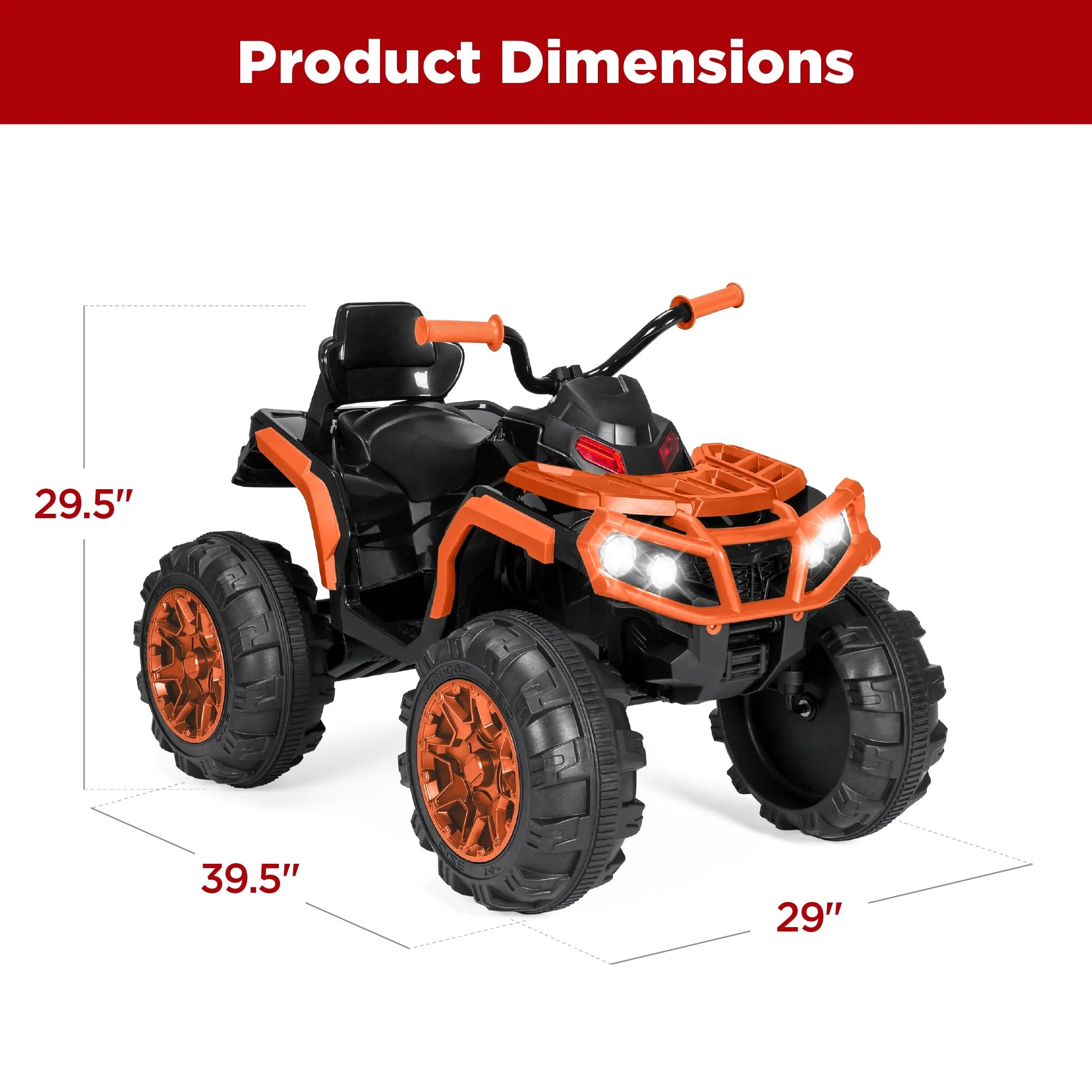 12V Kids Ride-On ATV Quad – Orange with Bluetooth, LED Lights, Treaded Wheels & 2-Speed Forward/Reverse