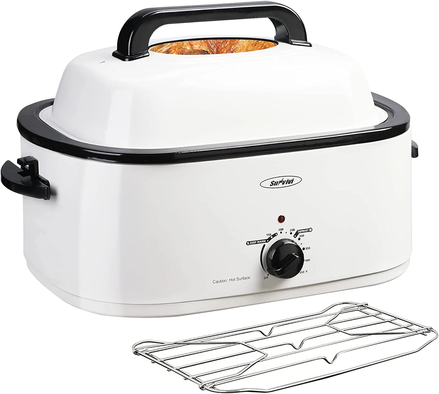 26 Quart Electric Turkey Roaster Oven — Stainless Steel with Visible & Self-Basting Lid, White