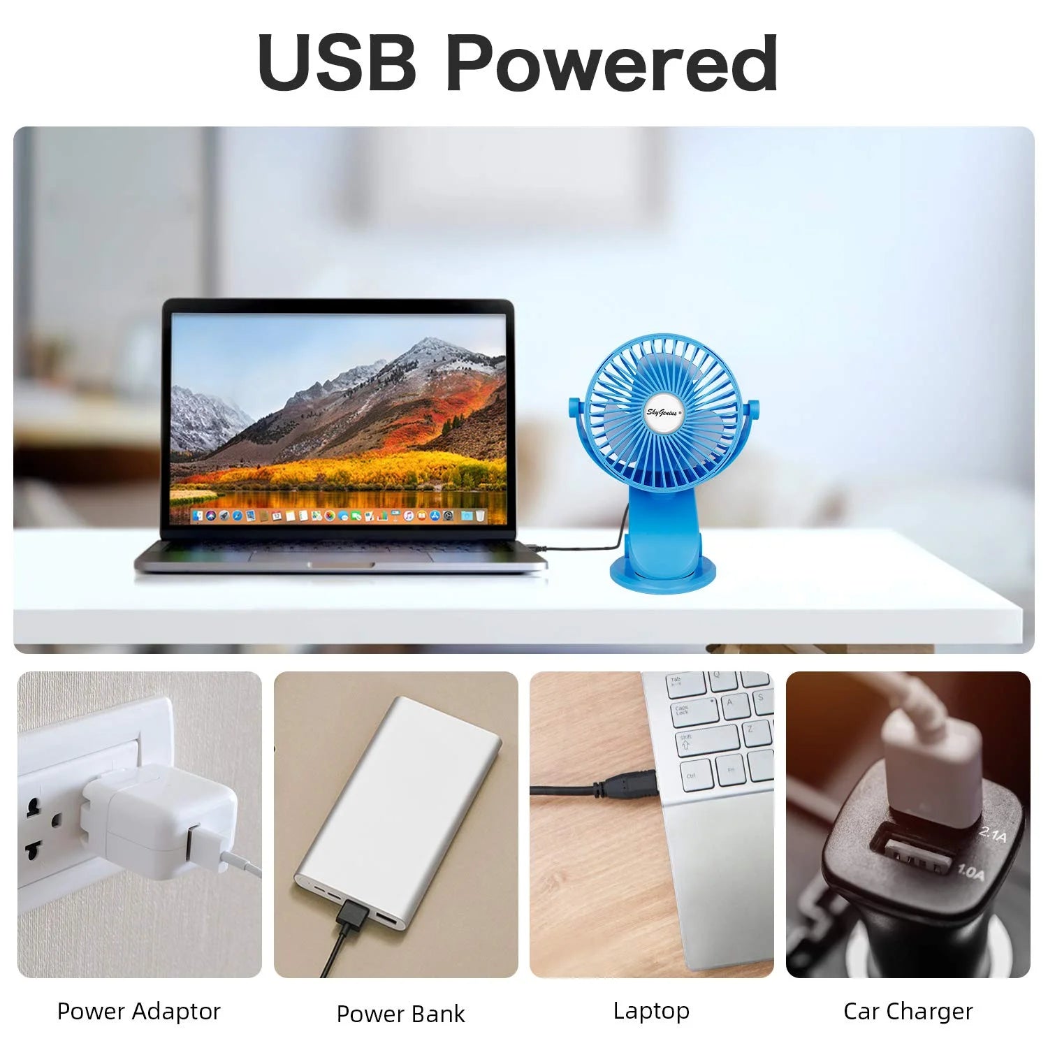 Portable Baby Stroller Fan – USB Rechargeable Clip-On Fan, Blue